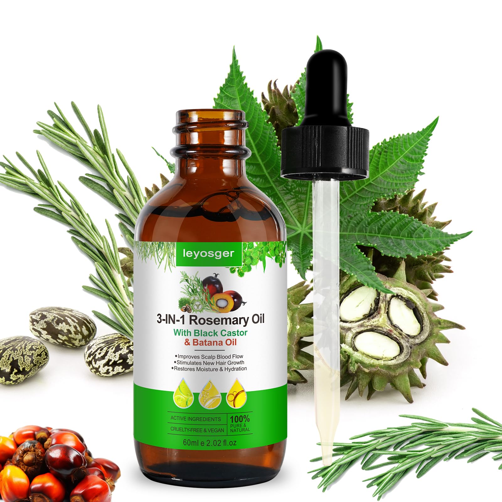 Olio Di Rosmarino 3 in 1, Olio Di Ricino Nero, Batana, Per La Crescita Dei Capelli, Stimola La Crescita Di Nuovi Capelli, Volume E Lucentezza, Nutrono Il Cuoio Capelluto, 100% Puro Naturale