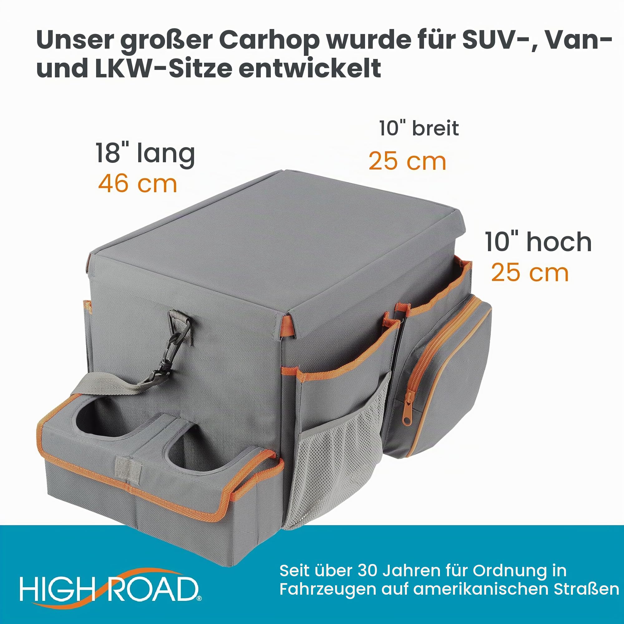 High Road CarHop Autositz-Organizer – Rücksitz-Organizer für Kinder oder Vordersitz-Organizer für Fahrer mit Getränkehaltern, Tablett, Seitentaschen und weichem Kühl- oder Ablagefach