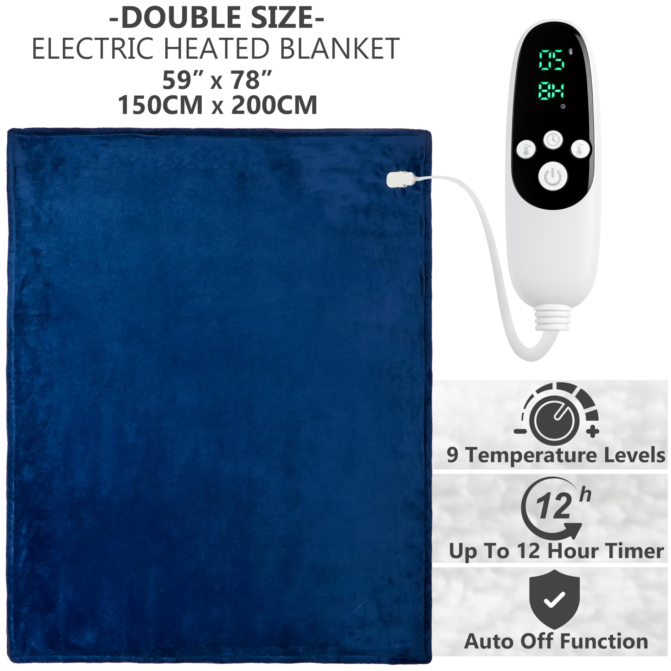 Get Trend Manta Electrica Doble 150x200 cm con 9 Niveles, Temporizador 12h y Protección contra Sobrecalentamiento, Manta Invierno para Cama, Sofá (Azul Marino, Double EU)