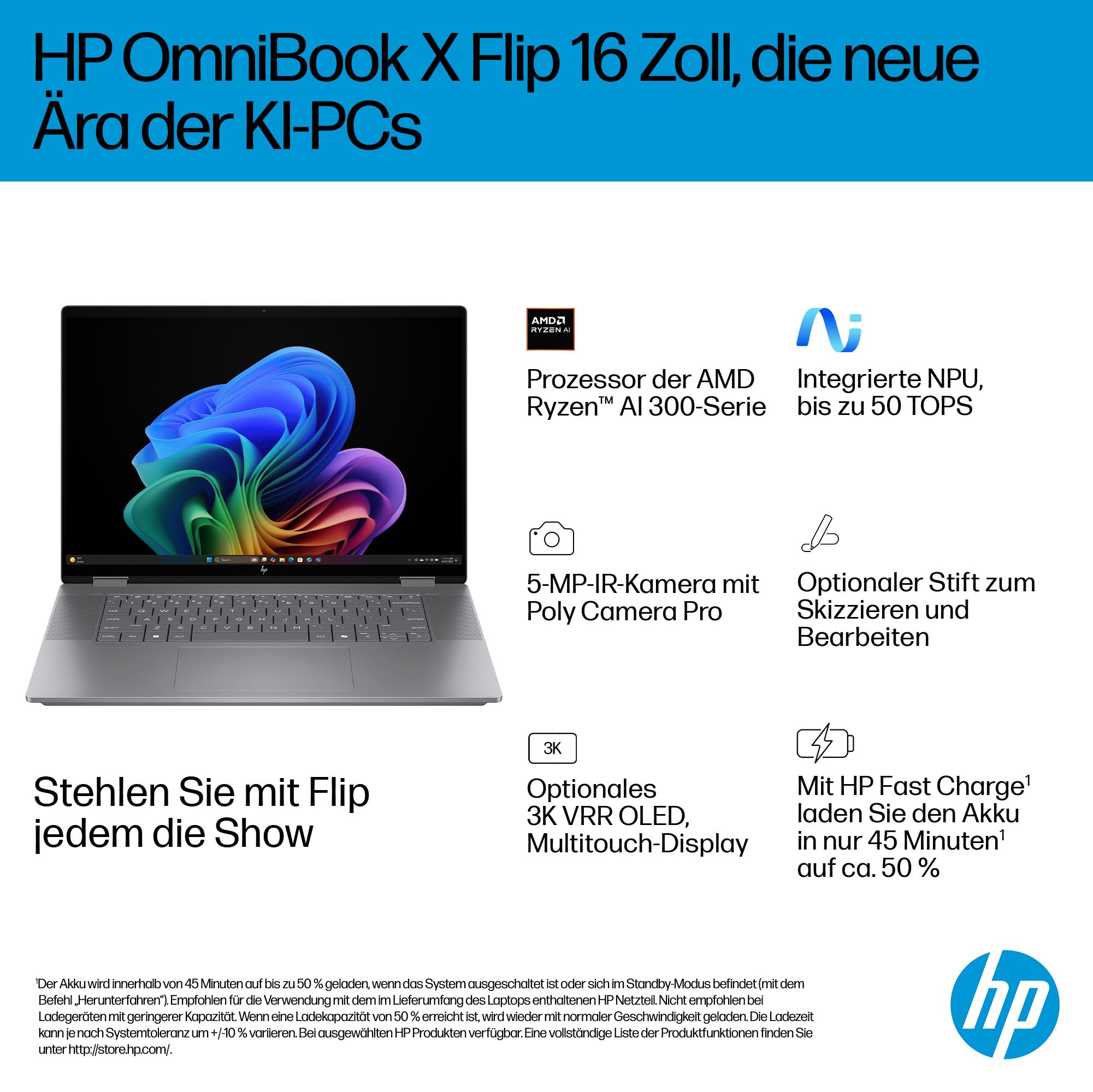 HP OmniBook X Flip 2in1 Laptop AMD Ryzen AI 5 340 16" WUXGA Touchscreen 16GB 512GB SSD Win11 Silber