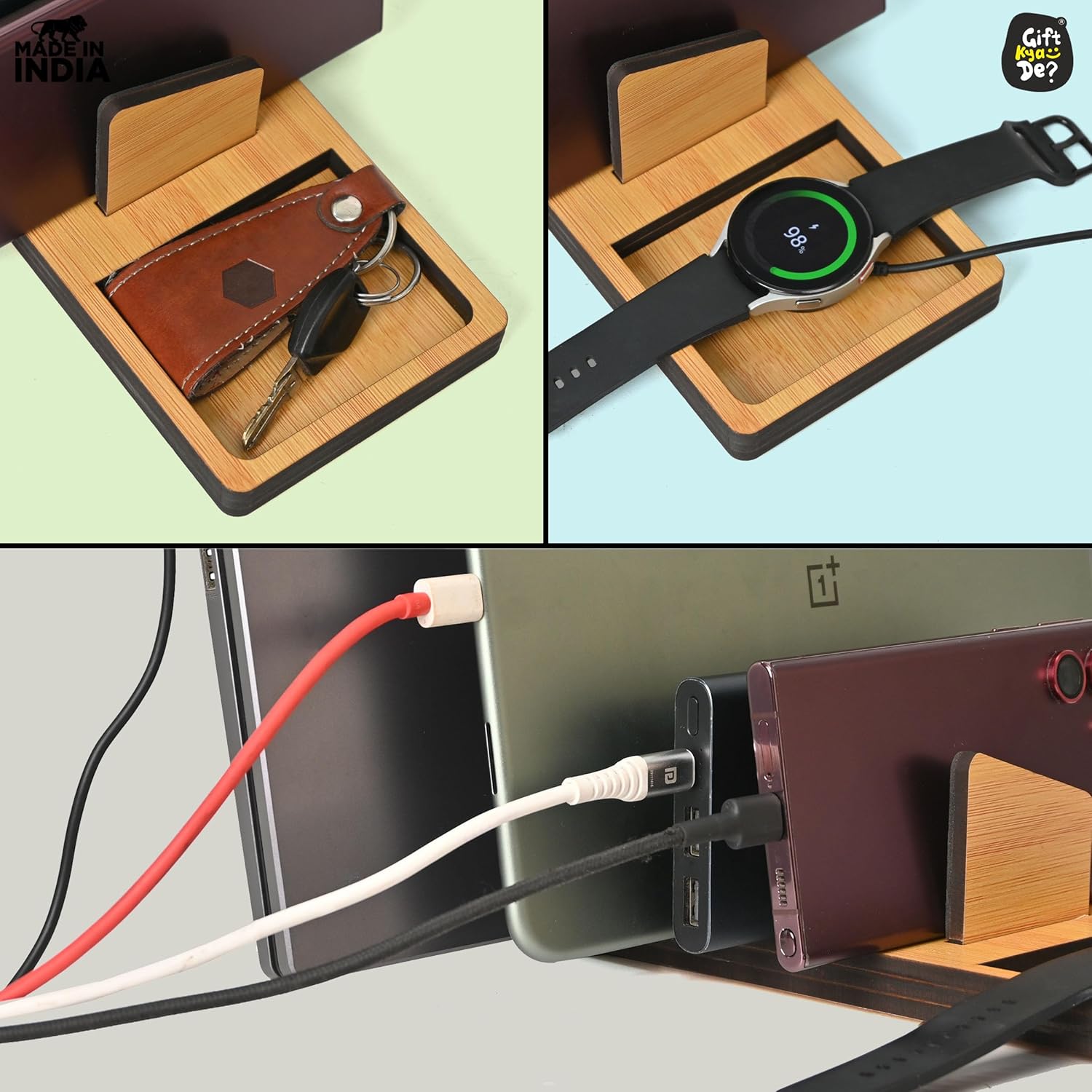 GKD Wooden Charging Station for Multiple Devices, All in One Charge Stations Wood, Desktop Charger Organiser with Anti-Slip Pad & Soft Cushion, Compatible with Laptop, Mobile, Tablet, Smart Watch