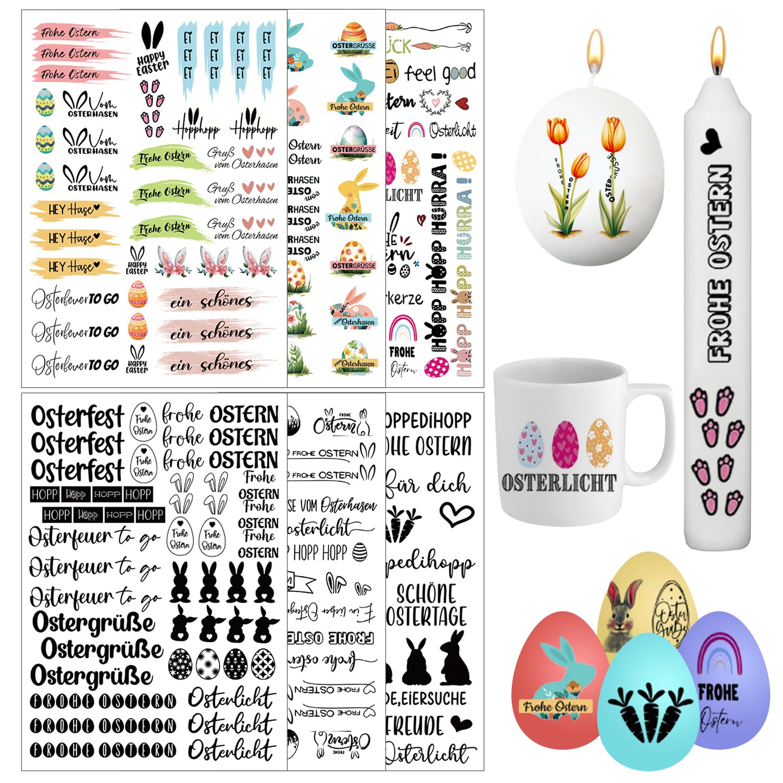 Kerzentattoos Ostern, 6 Stück A5 KerzenTattoo Ostern, Osterns Kerzenfolie, Osterhasen Ostereier Sprüche Wasserschiebefolie Osterns DIY Kerzen Osterdeko, Kerzen Dekorieren, Frohe Osterns Dekoration