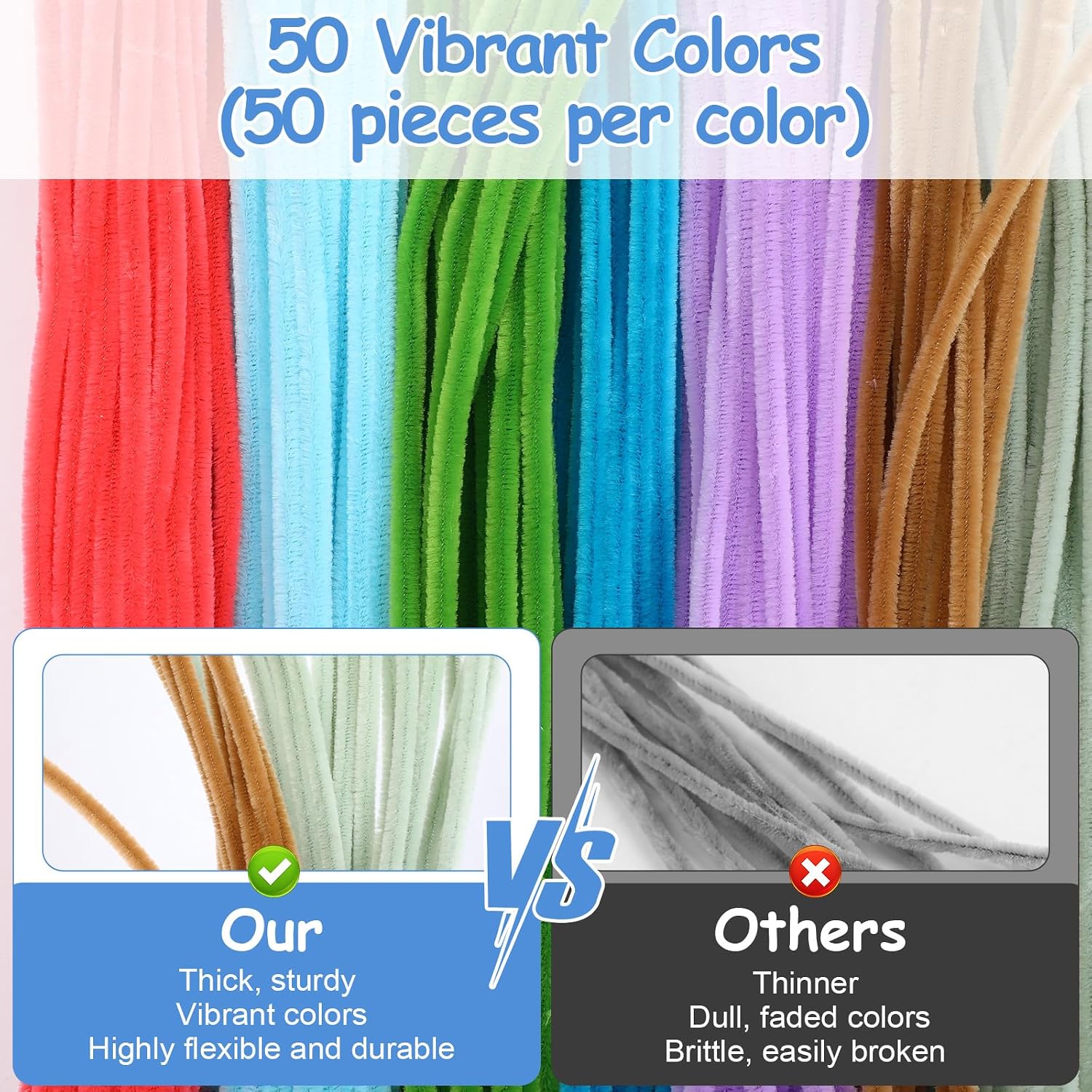 2500pcs Pipe Cleaners Craft Bulk Rainbow Pipe Cleaners(12"*6mm,50colors)