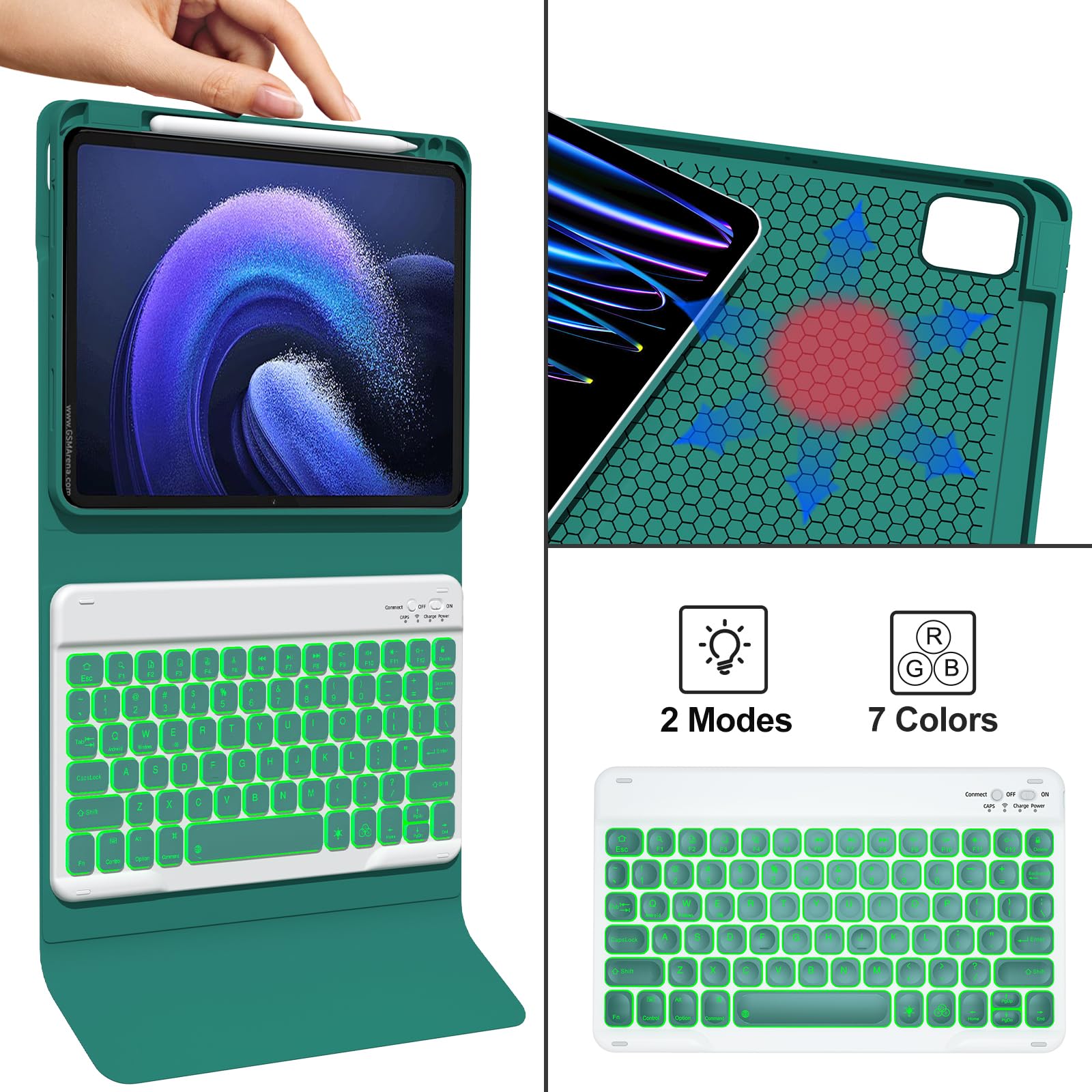 Green,GUPENAA Etui z klawiaturą do Xiaomi Mi Pad 6/6 Pro 11" 2023, 7-kolorowe Podświetlenie, Wbudowany Uchwyt na Ołówek, Magnetyczna Odłączana Bezprzewodowa Klawiatura Bluetooth z Myszką