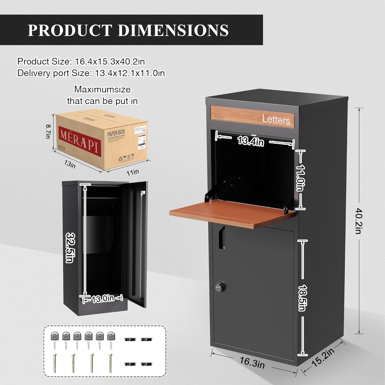 merapi parcel drop boxes for outside, 16.3" *15.2"* 40.4" cold-rolled steel delivery box for packages, anti-theft lockable package delivery boxes for outside, porch, house, curbside, wood grain-bd powder-coated black metal