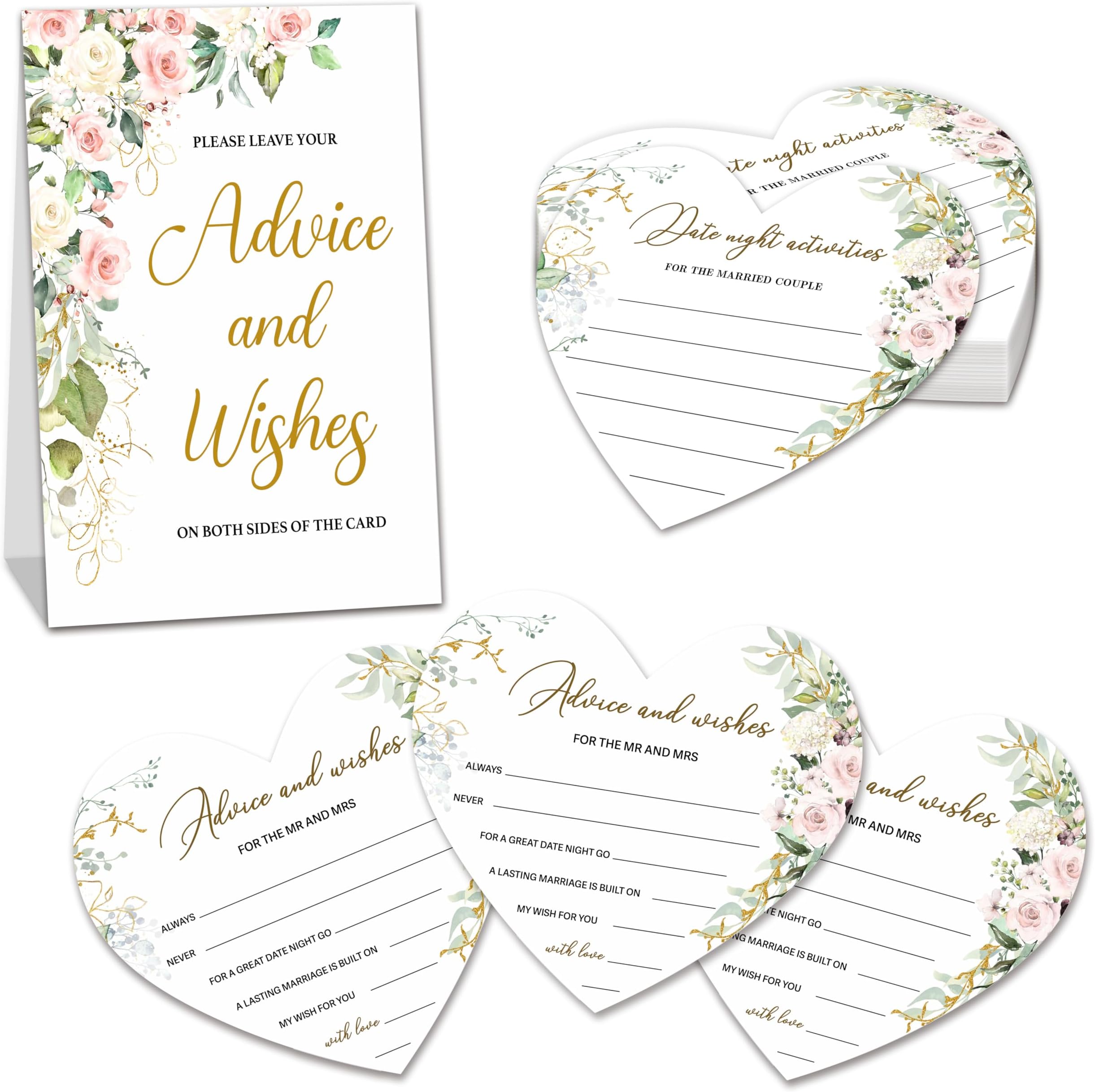 Advice and Wishes for The Mr and Mrs, Heart Shaped Wedding Advice Cards For 25 Guests, Blush Pink Floral Cards For The Bride And Groom, Love Is In Bloom Bridal Shower Decor -04