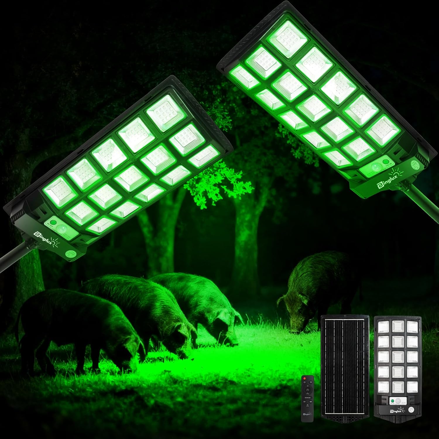 Hog Lights for Night Hunting 20000LM - 2Pack Green Light for Hunting Hogs with 9.3" Metal Light Bracket, Motion Sensor & 65FT Remote, Waterproof Solar Hog Feeder Lights for Deer Coyote Varmint