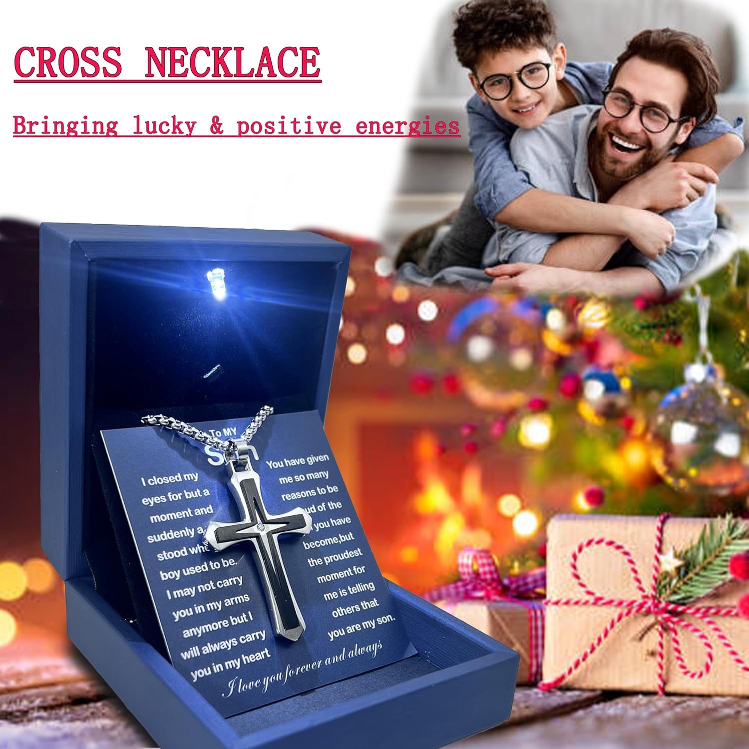 Son Gifts From Mom To My Son Necklace From Dad Faith Cross Necklace Present Graduation Birthday Christmas Gifts Message Card＆LED Gift Box - Image 2