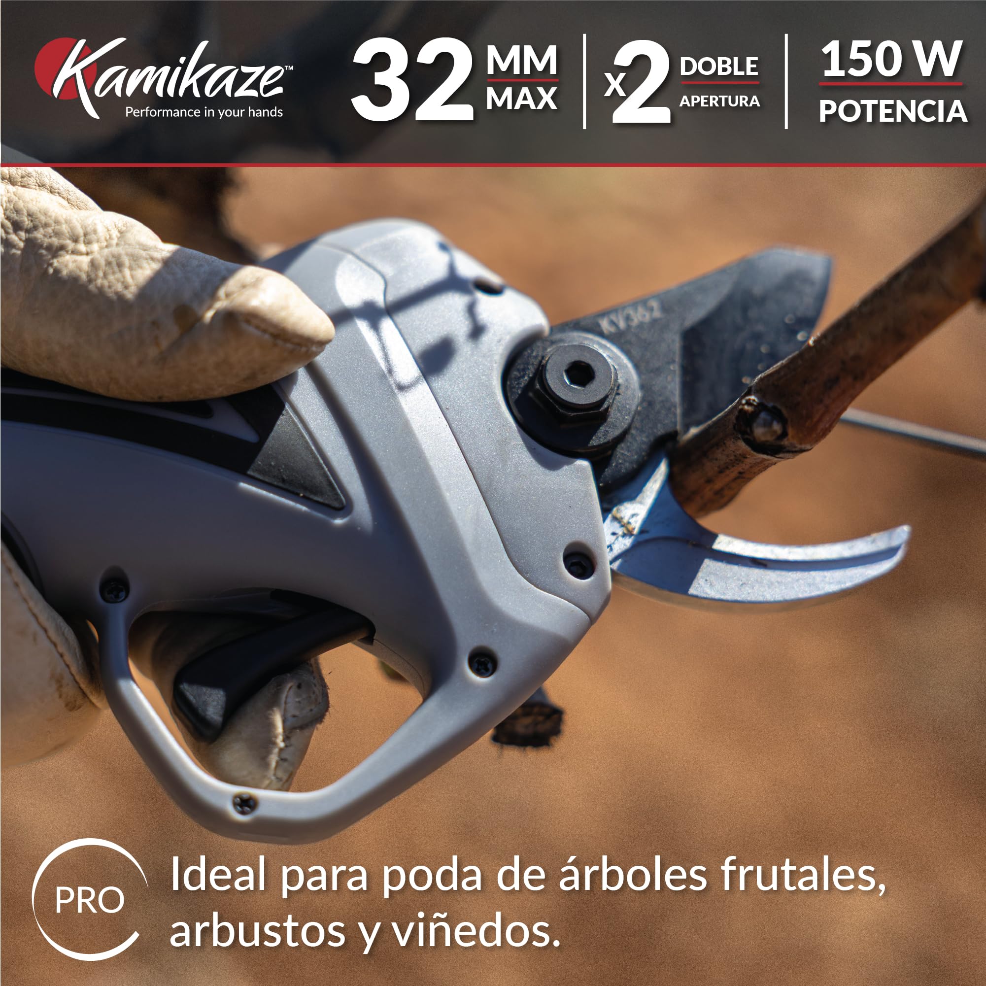 KAMIKAZE KV362 Tijera de podar eléctrica profesional. Podadora eléctrica. Tijeras batería de 14,4V. Sin cable. 35mm Ø. Tijera profesional. Incluye maletín. Indicador de carga y cortes.