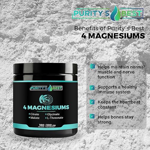Miniatura 2 de Purity's Best 4 MAGNESIOMS, glicinato de magnesio premium, malato, L-treonato, citrato, 300 mg, 180 cápsulas vegetales, probado por terceros,