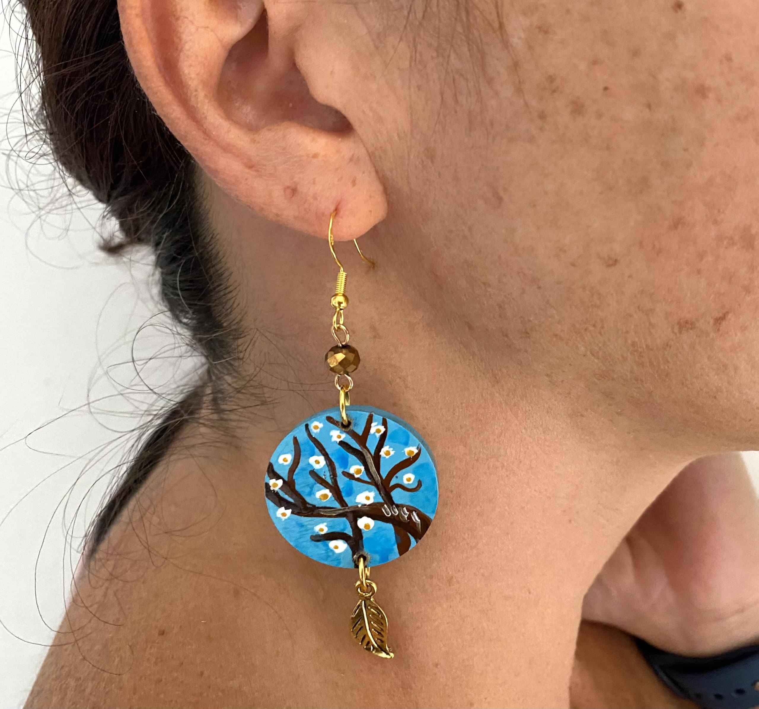 Boucles d'oreilles peintes à la main - L' AMANDIER TABLEAU CÉLÈBRE - Boucles d'oreilles pour femmes, Bijoux en bois peint, Crochet en argent, Made in Italy, Bijoux, Artisanat
