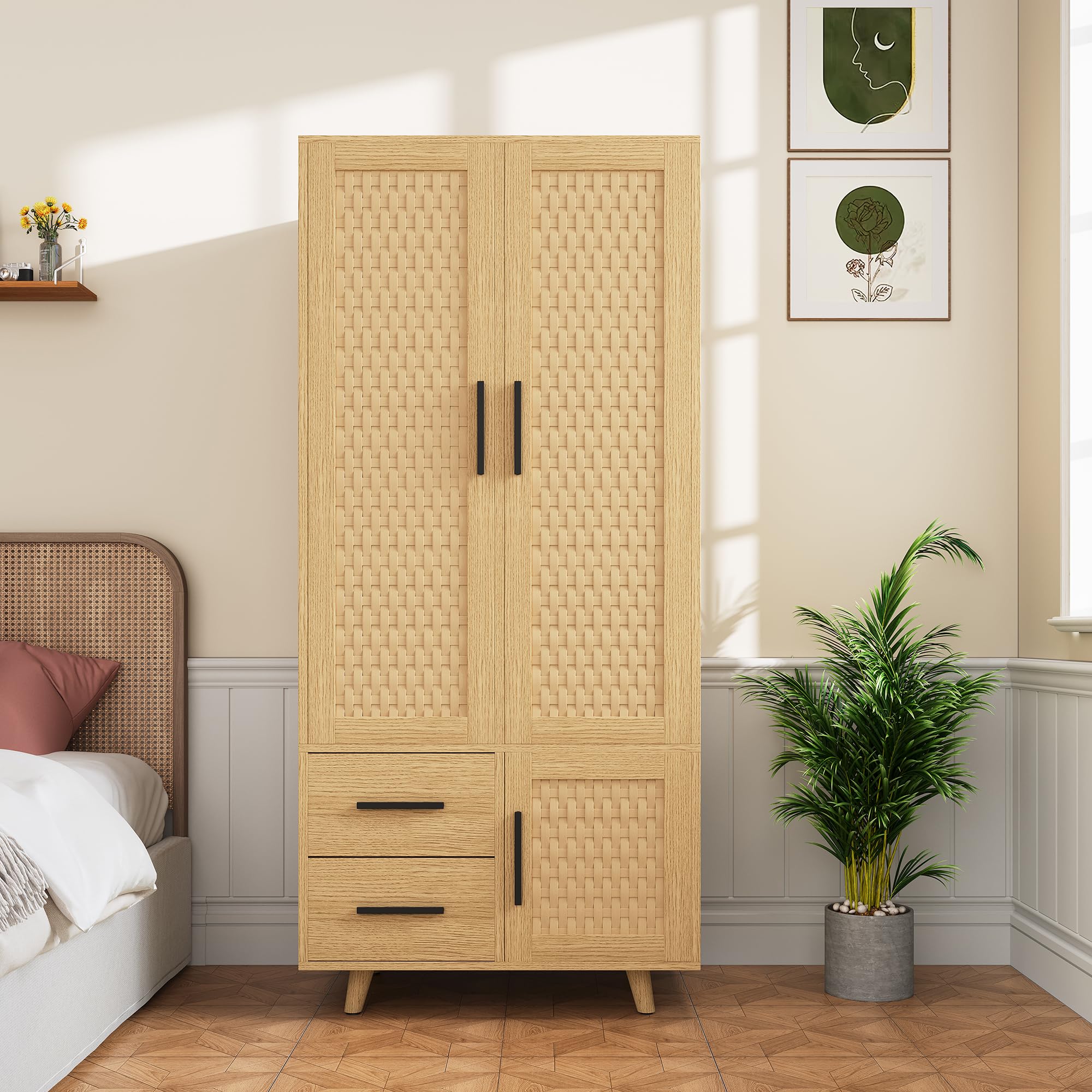 Armadio pieghevole, con asta appendiabiti e ante magnetiche, 170 x 69 x 50 cm, per camera da letto e soggiorno, montaggio rapido, colore rovere