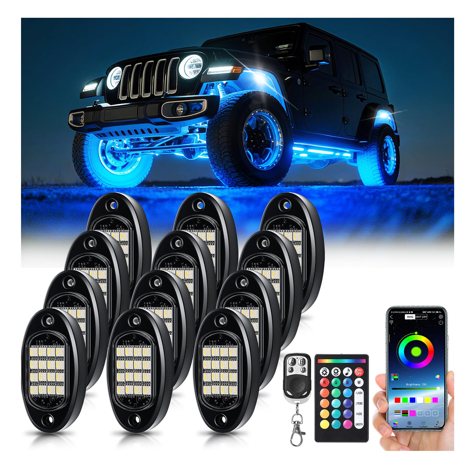 RGBW LED Rock Lights Kit, 12 Pods Rock Light for Trucks Golf Cart Pickup Offroad UTV ATV, Waterproof 6500K Pure White &amp; RGB Underglow Kit with APP Remote Control Music Neon Vehicle Underbody Light 12V