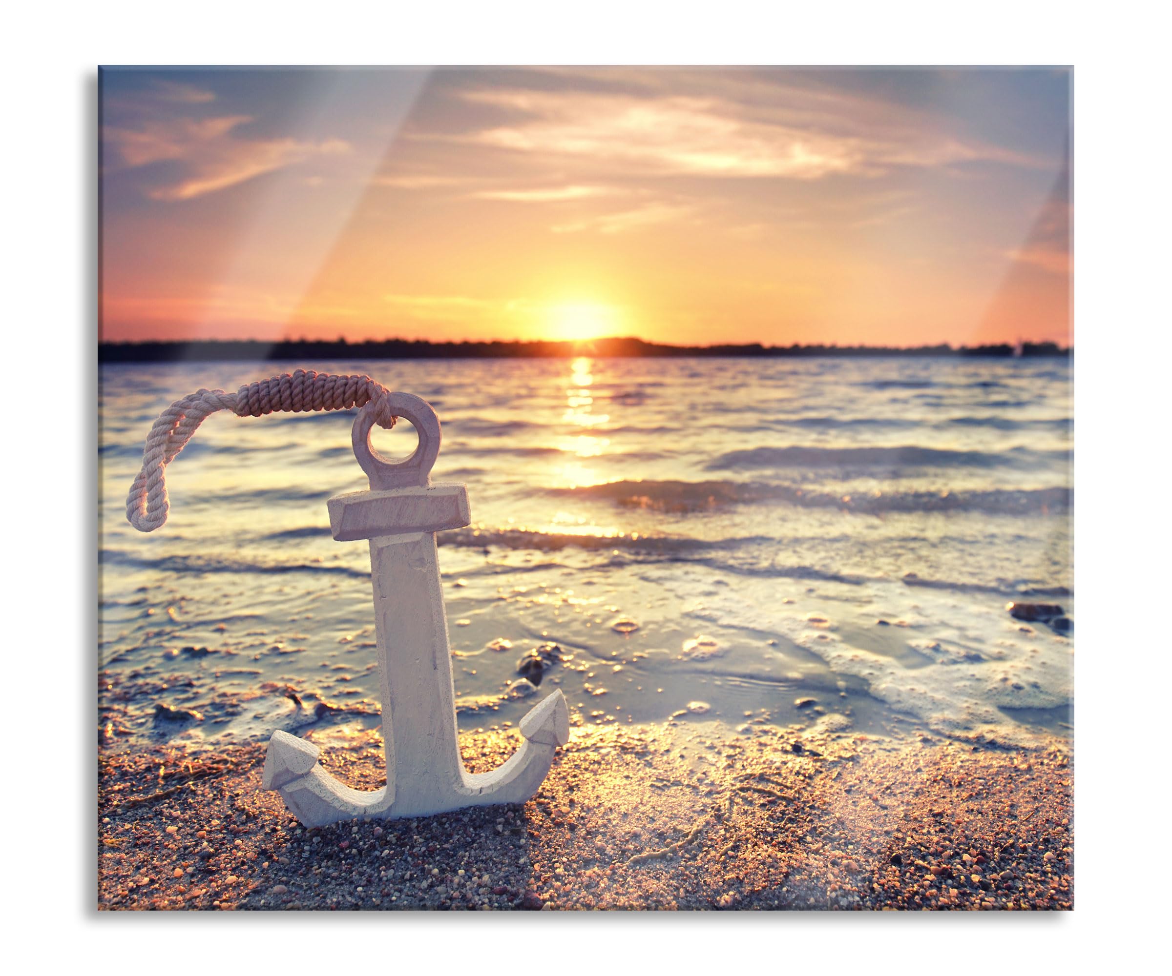 Anker am Ostseestrand im Sonnenuntergang Herdabdeckplatte & Spritzschutz aus Echtglas | Für Herd-Kochfelder | 60x52 cm