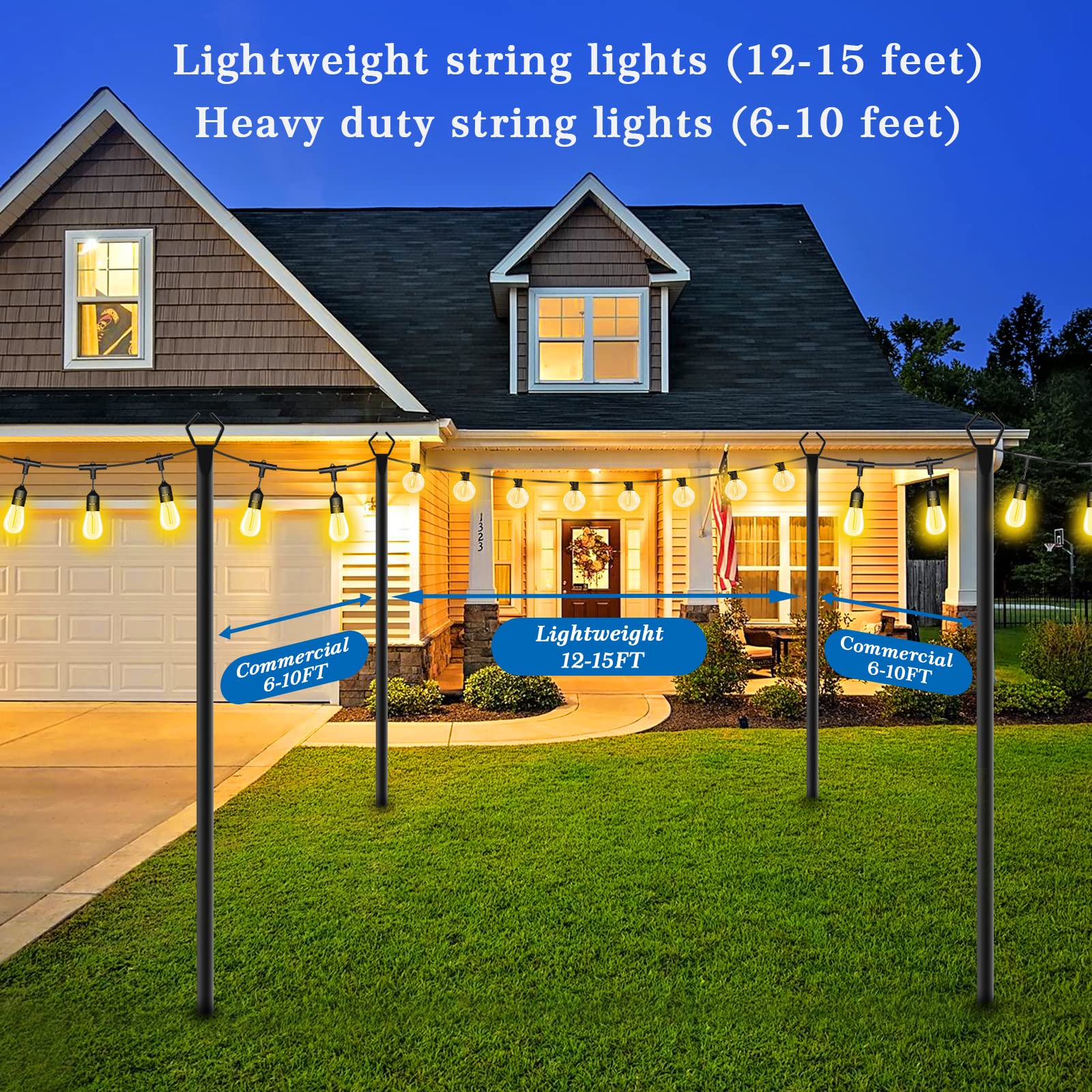 String Lights Poles Outdoor 10.3FT, 2 Pack 2 In 1 Upgraded Metal Light Poles For Hanging String Lights, Outside Lighting Stand With Hooks