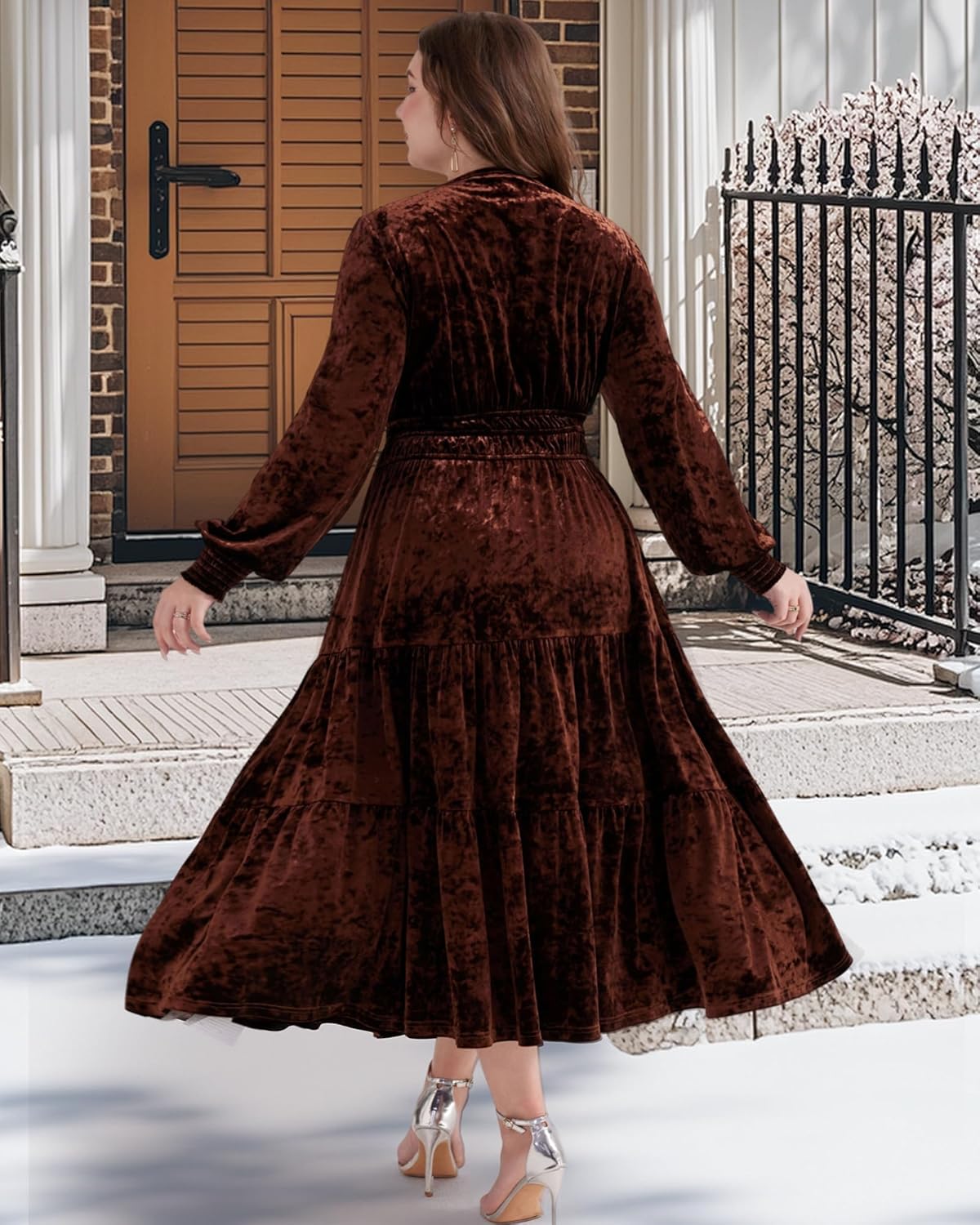 Women's Velvet Dress Fall Winter Plus Size Long Sleeve V Neck Ruffle Flowy Cocktail Maxi Dresses for Wedding Guest - Image 6