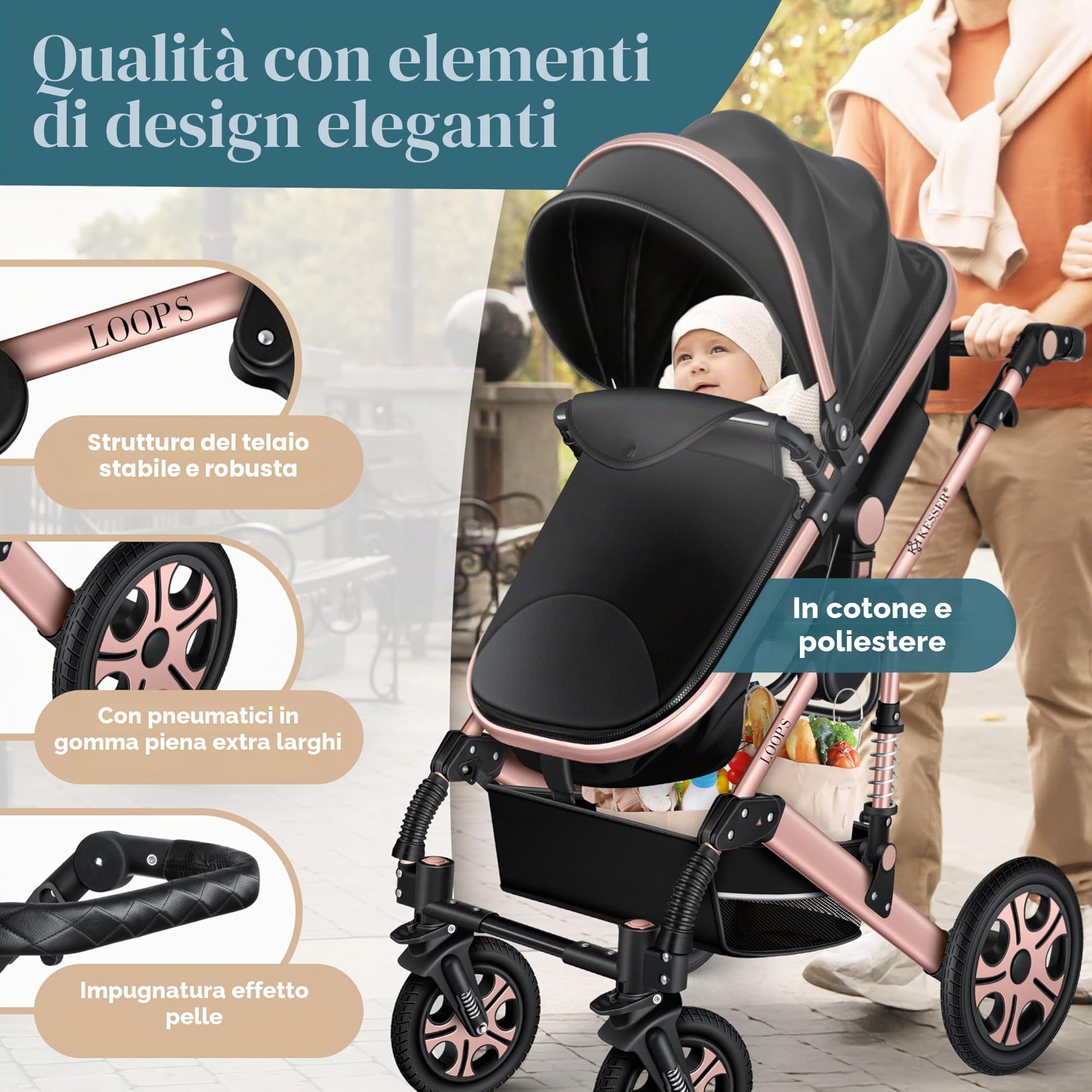KESSER Carrozzina 3in1 Loops, Combinata con navicella, Seggiolino auto, Nero/Oro Rosato