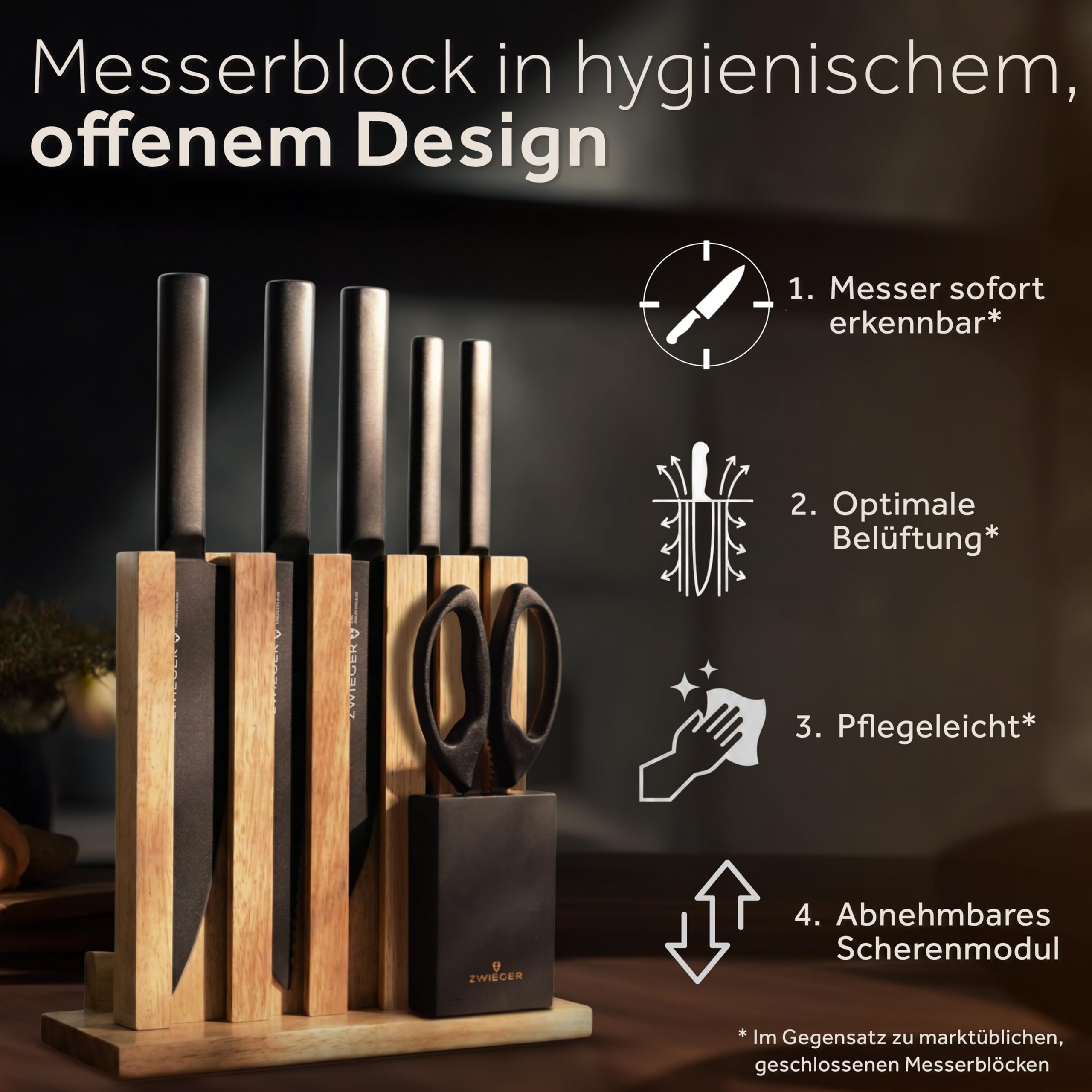 ZWIEGER Messerblock mit Messer 8-teiliges Set – Messerset aus Edelstahl 52 HRC – Küchenmesser Set mit Block im offenen Holz-Design inkl. Schärfer mit interner Rollentechnologie und Küchenschere
