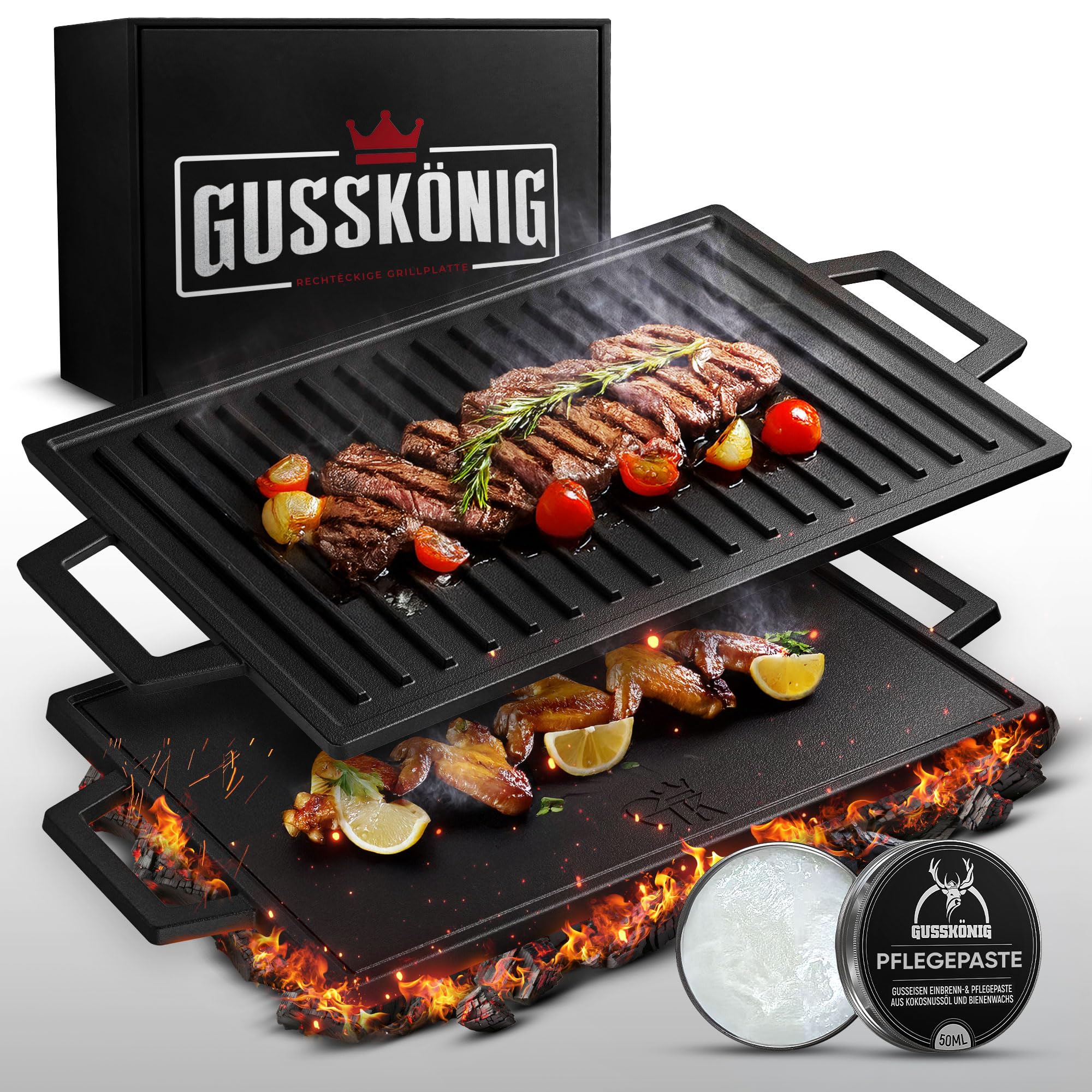 GUSSKÖNIG Gusseisen Grillplatte - 33cm Wendeplatte für Gasgrill, Induktion, Herd & Backofen - Grillplatte Induktion Gusseisen, GussGrillplatte, Cast Iron Grill Plate - inkl. Rezeptbuch & Pflegepaste