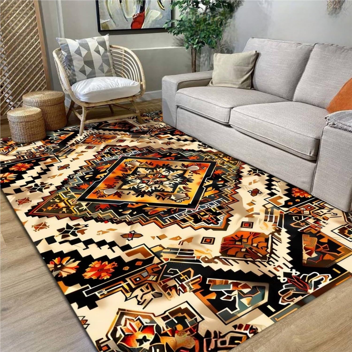 USHIRUG Black Gold Washable Area Rug,60x90cm Tribal Style Southwest Decorative Rug, Western Aztec Non-Slip Washable Carpet, Vintage Indoor Large-Area Rugs for Bedroom and Kitchen Home Decoration