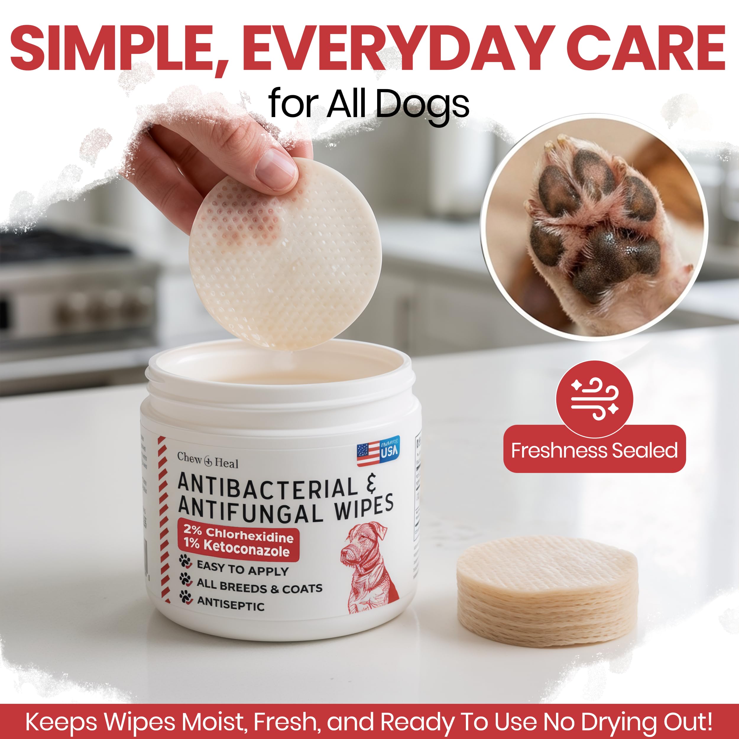 Lot de 100 lingettes antibactériennes pour pattes de chien – Lingettes antifongiques pour chiens | Contient 2 % de chlorhexidine et 1 % de kétoconazole – Bon pour toutes les races – Fabriqué aux États-Unis