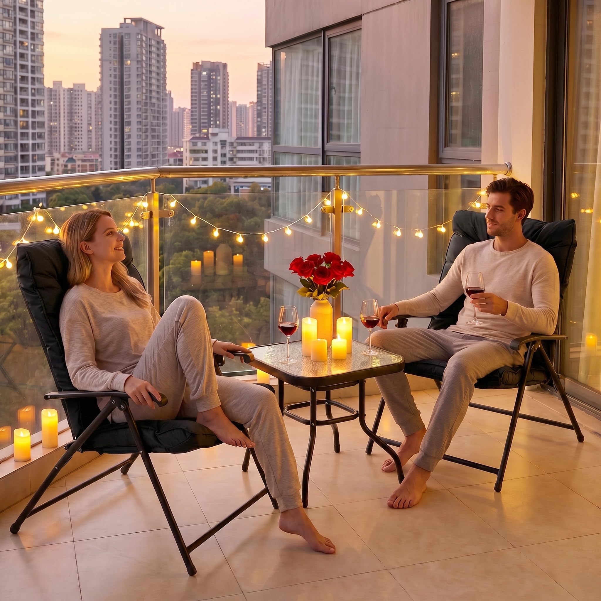 Mondeer Balkonmöbel Set 3 Teilig mit Klappstühlen und Polsterung (Schwarz) | Tisch aus gehärtetem Glas, atmungsaktiv, Klappstühle, Terrassenmöbel-Set für Balkon, Hinterhöfe, Pool