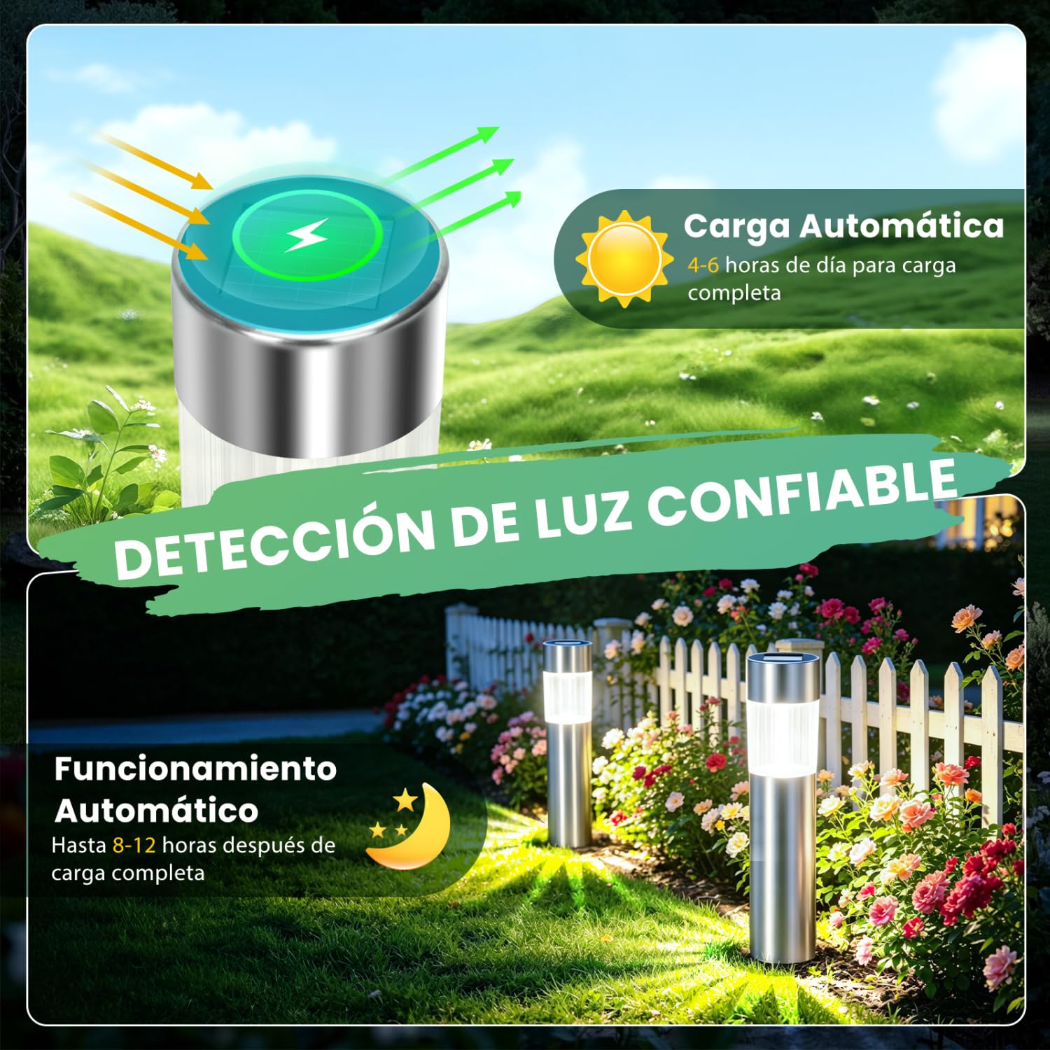 Aigostar 12Uds Luces Solares Jardin Pincho, Acero Inoxidable, IP44, Luz Fría 6500K, Luz Solar Exterior Jardin para Terraza Césped Patio Pasillo H31.5cm