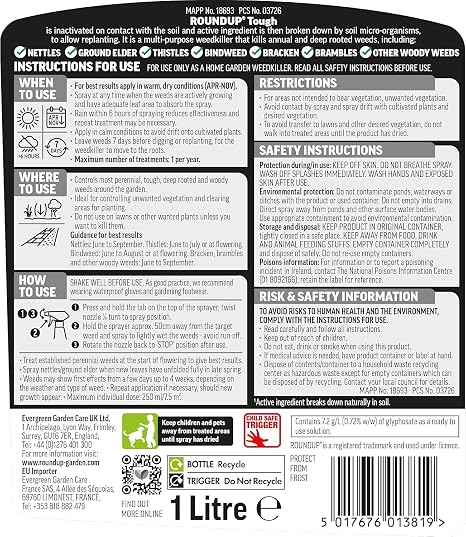 Roundup Tough Ready to Use Weedkiller 1L | Fast Action Root Killer for Brambles Nettles Thistles & Dock Leaves | Visible Results in 24 Hours | Rainproof in 2 Hours | 1 Litre Trigger Spray