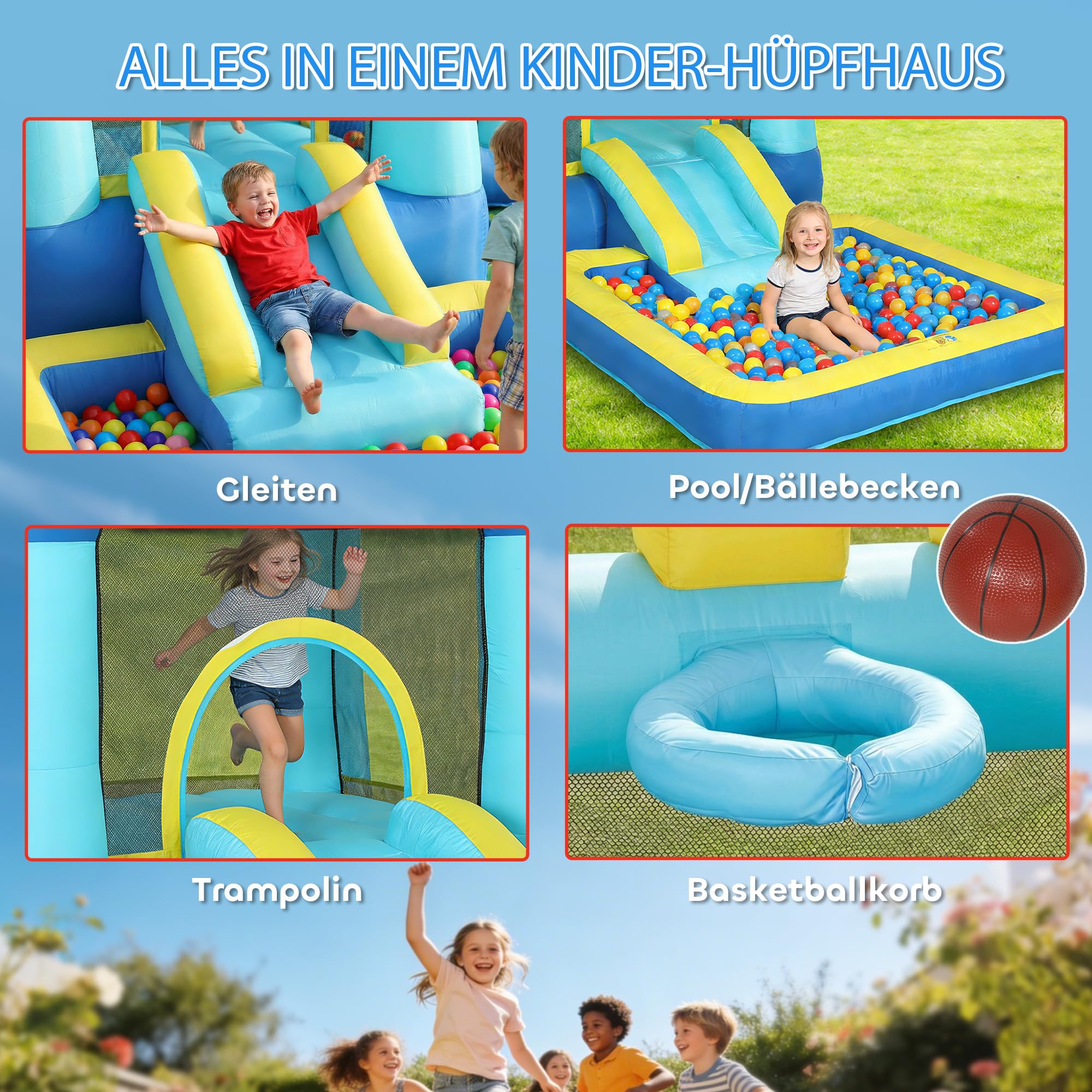 AIYAPLAY Hüpfburg mit Gebläse Aufblasbar Spielcenter mit Rutsche Trampolin Planschbecken/Bällebad Basketballkorb Wasserpistole Bouncy Castle für 3-8 Jahre Kinder für Indoor & Outdoor 364x173x182 cm