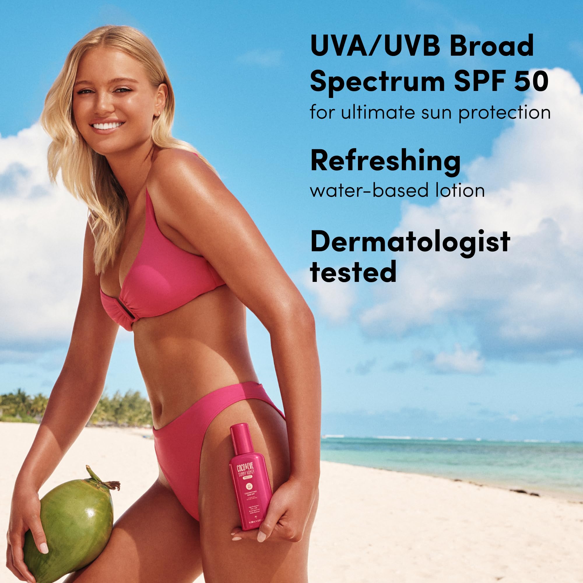 Coco & Eve Coconut Milk Body Sunscreen SPF 50 – Broad Spectrum UVA/UVB Sun Protection, Hydrating Daily Water-Based Lotion, Lightweight, Non-Greasy, Dermatologically Tested, 6.76 Fl Oz
