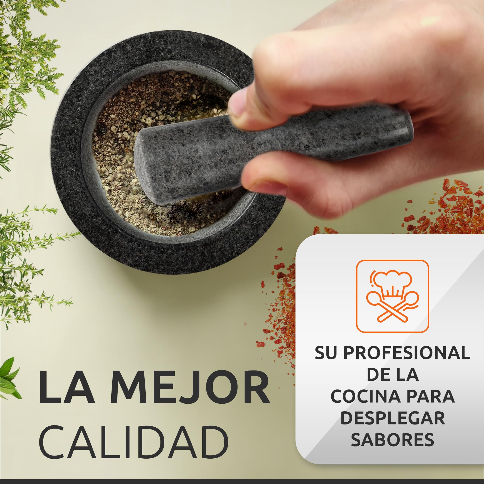 ECENCE Mortero Cocina en Madera de Acacia y Granito - Mortero y Maja Sólido para Especias para un Machacado Perfecto - Mortero Piedra Grande Ø11cm