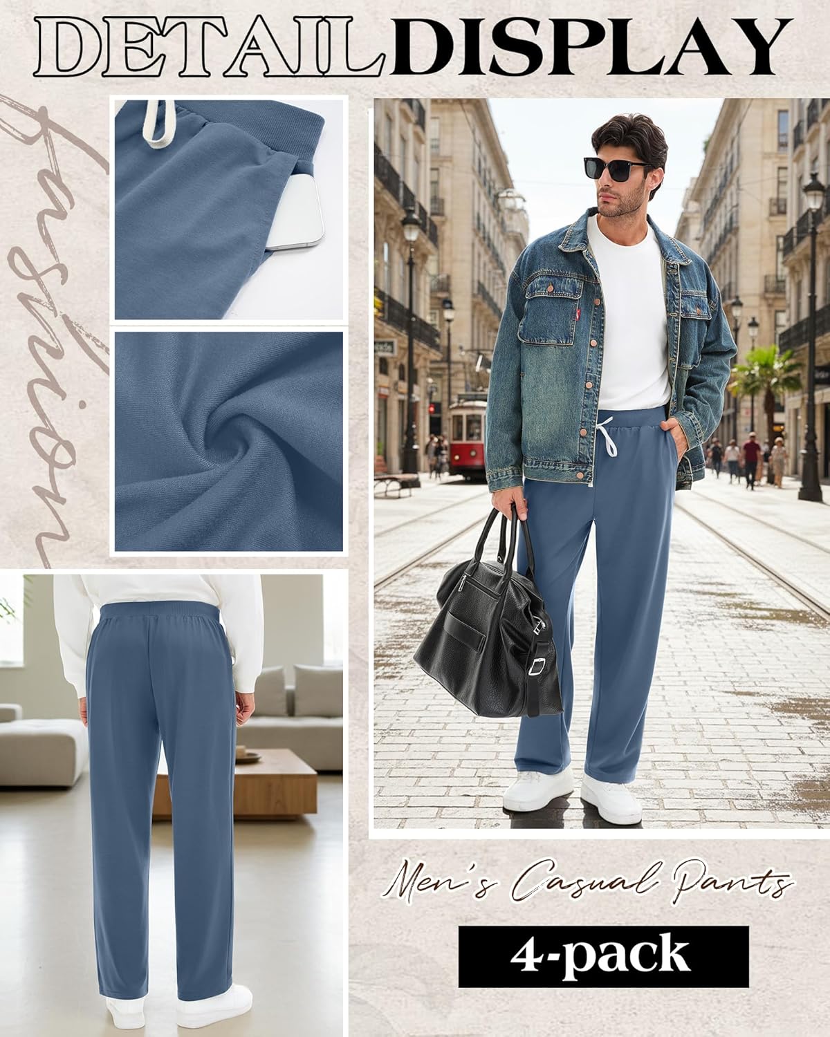 4 Pack Men's Sweatpants Drawstring Open Bottom Joggers with Pockets Elastic Waist Lounge Athletic Gym Pants - Image 4