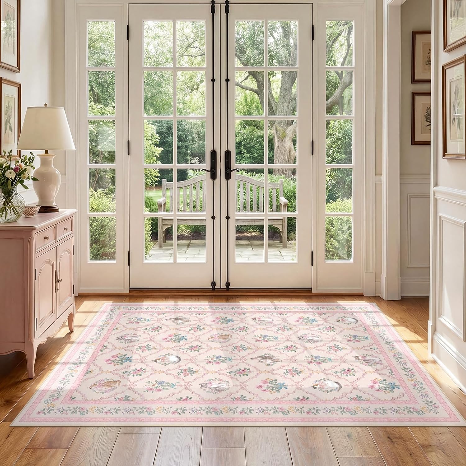3x5 Pink Floral Cat Rug for Girls Bedroom, Washable Non Slip Small Area Rug for Nursery, Reading Nook, Kids Room, Soft Low Pile Vintage Carpet