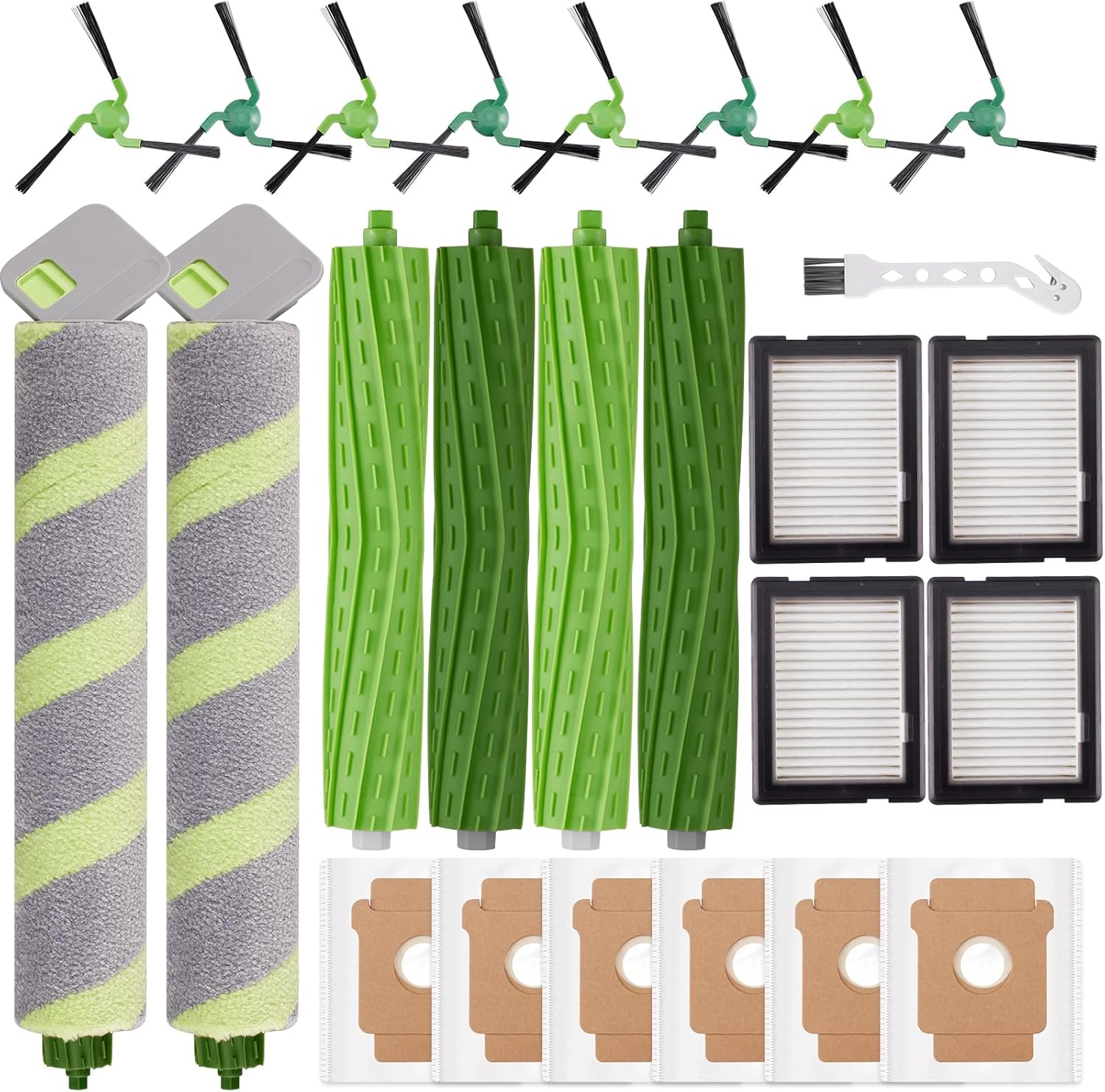 25 Pack Replacement Parts for iRobot Roomba Max 705 Combo Robot Vacuum & Mop + AutoEmpty Dock, 2 Roller Mops, 4 Rubber Brushes, 6 Vacuum Bags, 4 HEPA Filters, 8 Side Brushes, 1 Cleaning Brush