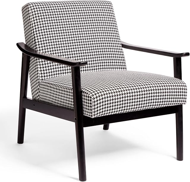 Spinningfield Houndstooth Armchair - Black & White Lounge Chair - Mid Century Style Accent Chair for Living Room - Modern Occasional Chair for Bedroom w/Black Solid Wood Frame - Bold Vintage Style
