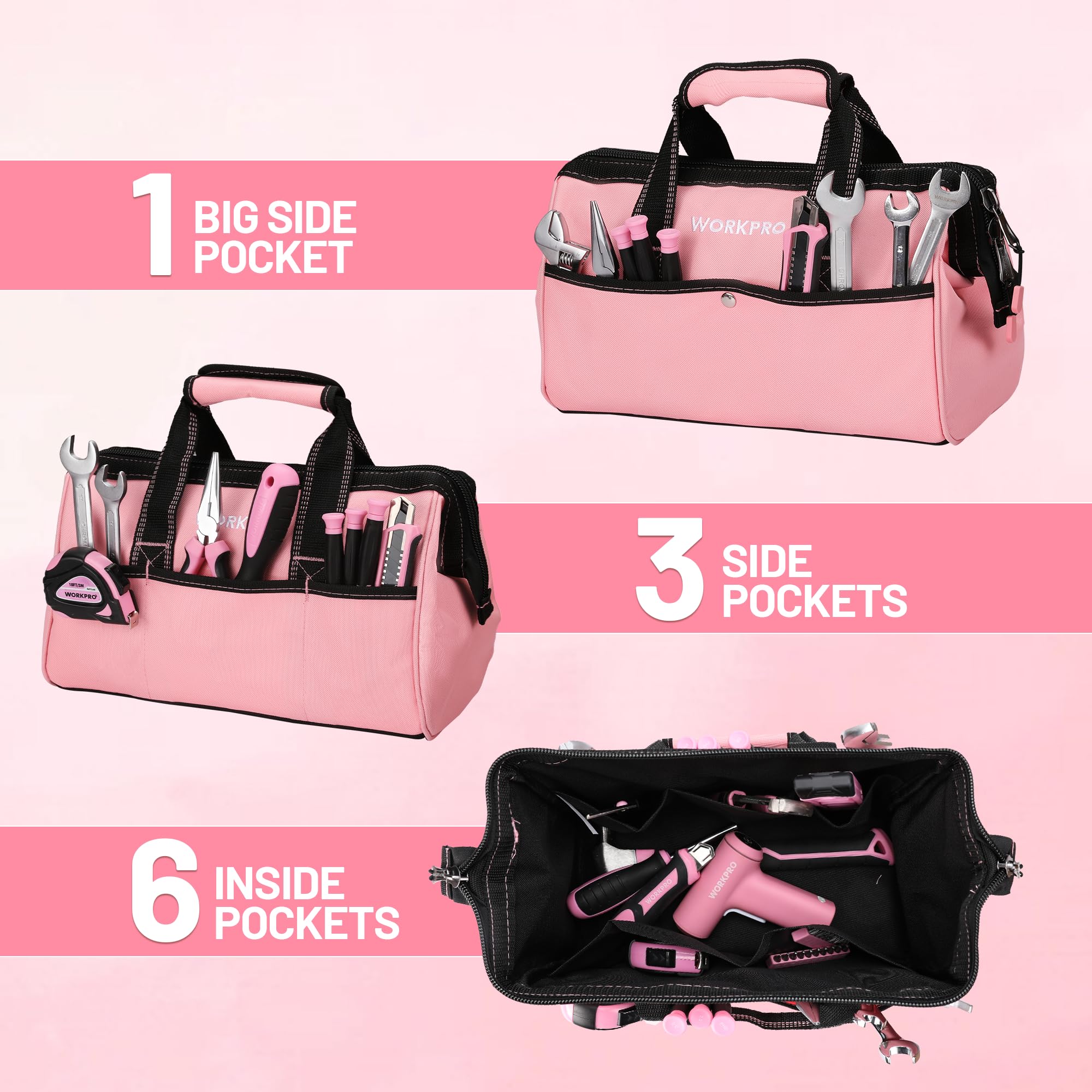 WORKPRO Bolsa de herramientas de 13 pulgadas, bolsa de almacenamiento de herramientas de tela suave rosa, bolsa de herramientas de boca ancha con bolsillos interiores, cinta rosa