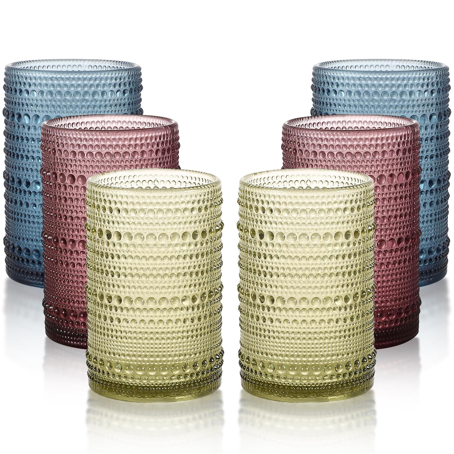 FayuuGem Hobnail Drinking Glasses, 2 Green & 2 Blue & 2 Pink for Highball Glasses 15 Oz, Embossed Old Fashioned Glassware