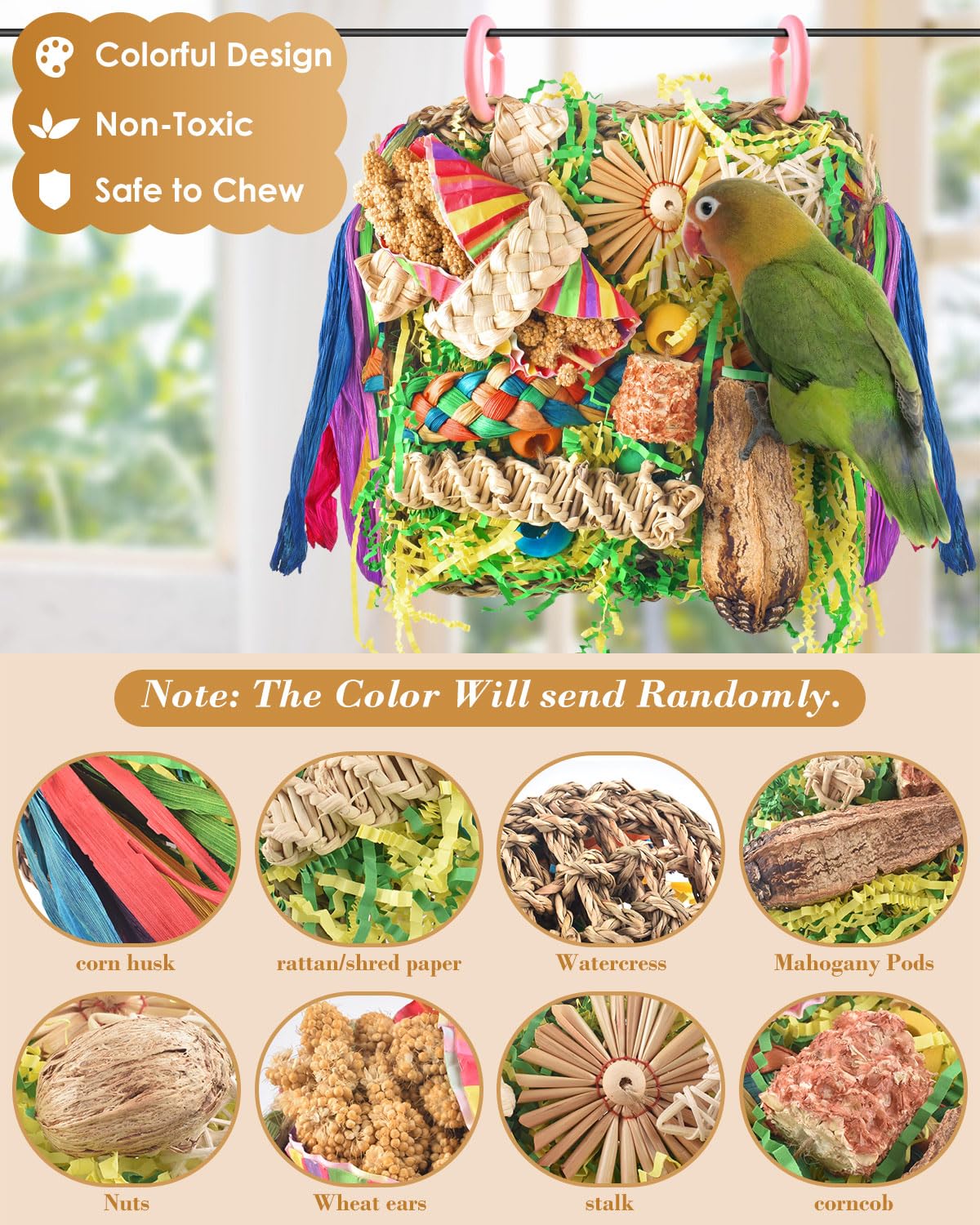 ERKOON Foraging Toys for Parakeets Lovebirds, Conures - Hanging Wall with Colorful Shredding Seagrass (Yellow+Green) - Image 3