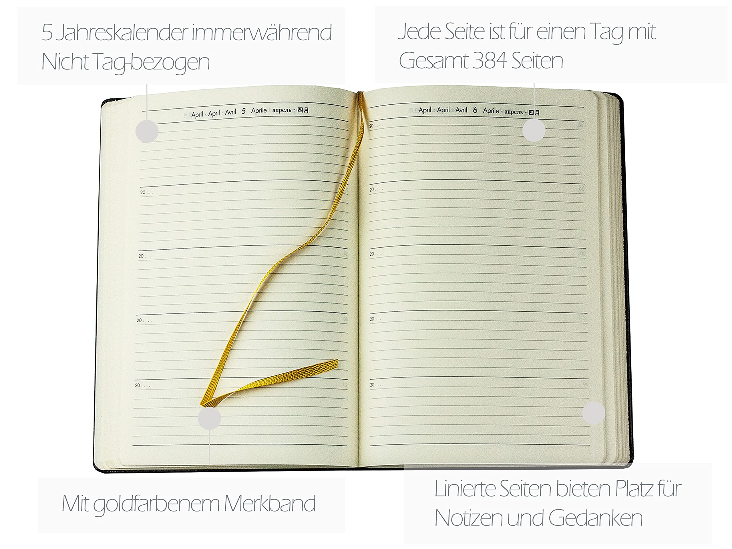 DELMON VARONE - 5 Jahres Kalender "immerwährend" gebunden Anilin Leder schwarz - Organizer Terminplaner (1 Tag 1 Seite) - Buchkalender Tagebuch mit Tagesübersicht - Notizbuch Kalenderbuch für 5 Jahre