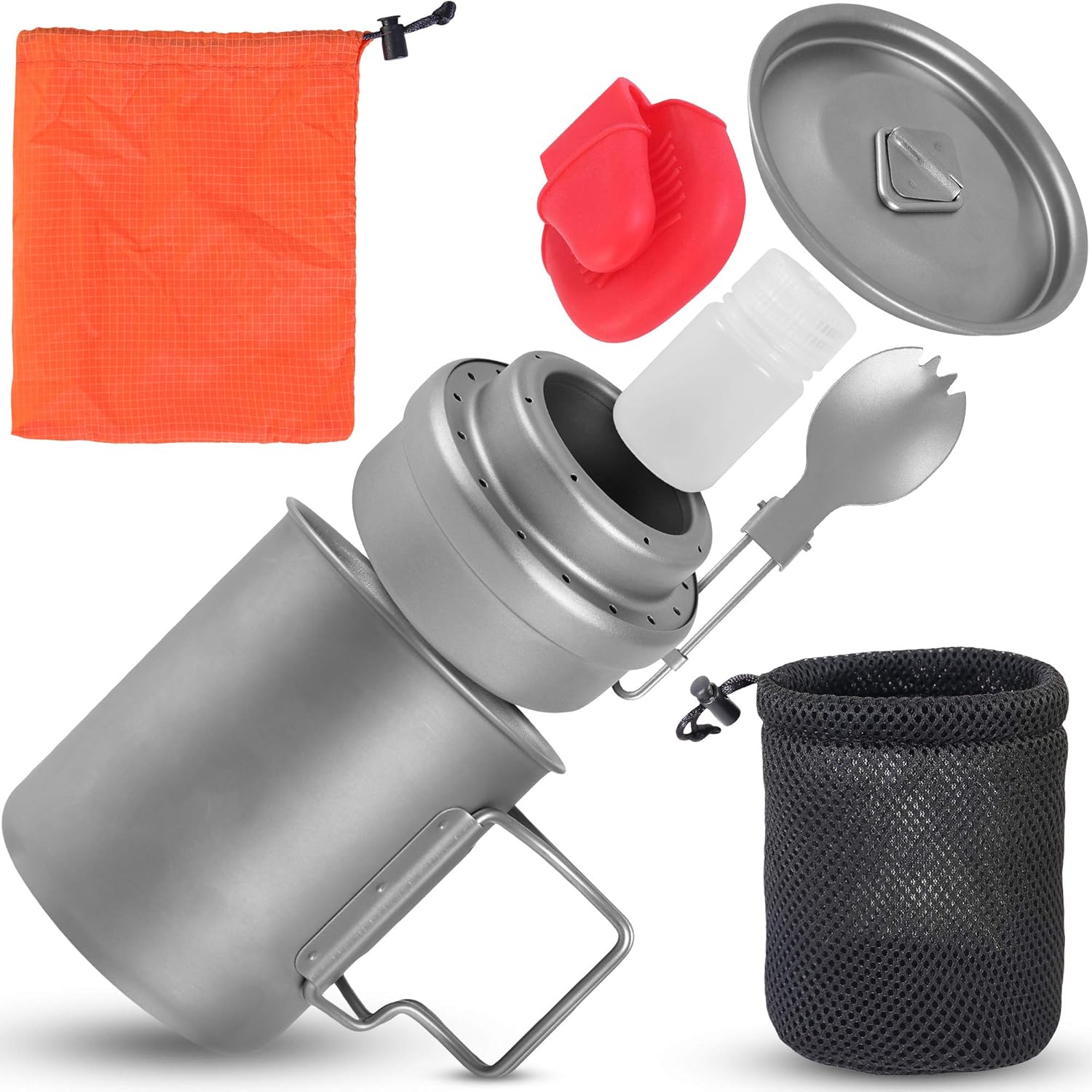 Titanium Backpacking Cooking Set, Camping Cookware 6pc Backpacking