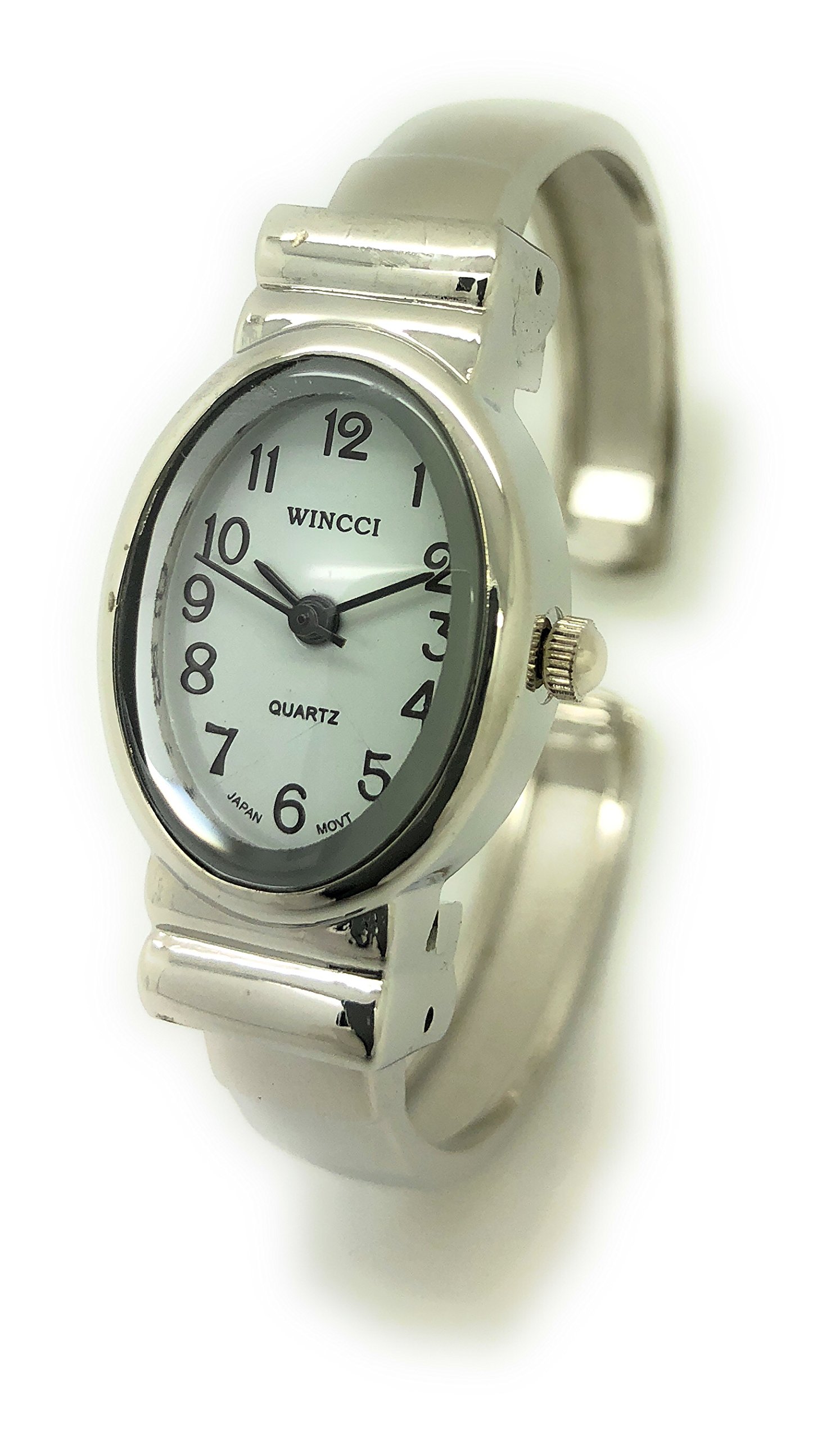 WincciLadies Small Oval Case Metal Bangle Cuff Fashion Analog Quartz Watch White Dial with Easy to Read Black Numbers