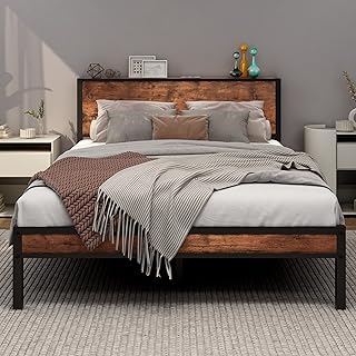 Double Bed Frame with Wooden Storage Shelf Headboard, Metal Platform Bed Frame Double, No Box Spring Needed, Noise Free, Reinforced Strong Support Leg, Textured Black&Brown Oak1
