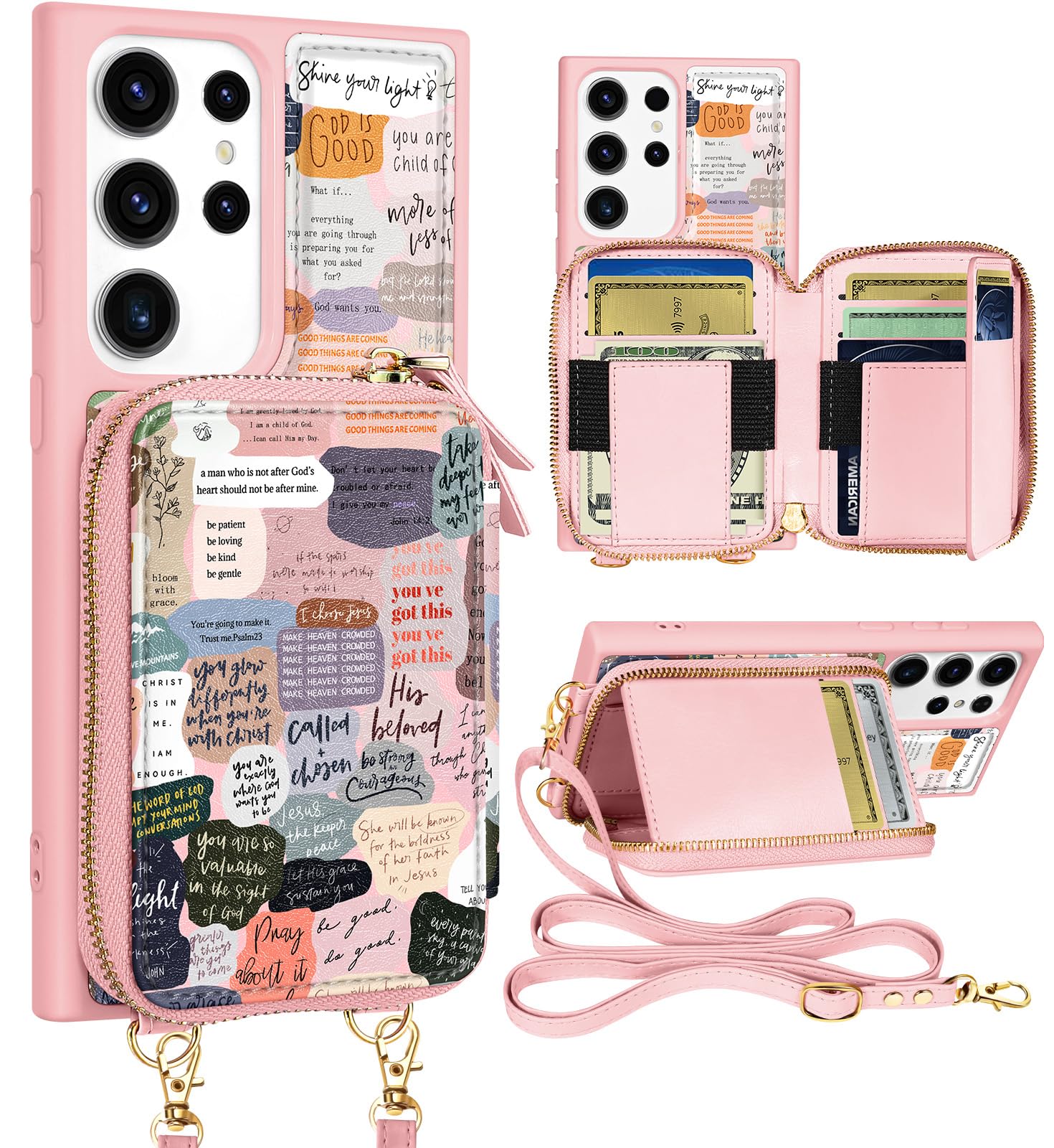 Shorogyt for Samsung Galaxy S23 Ultra Case Wallet Crossbody, RFID Blocking Card Holder Slots Designer Christian Quotes Leather Handbag Purse Phone