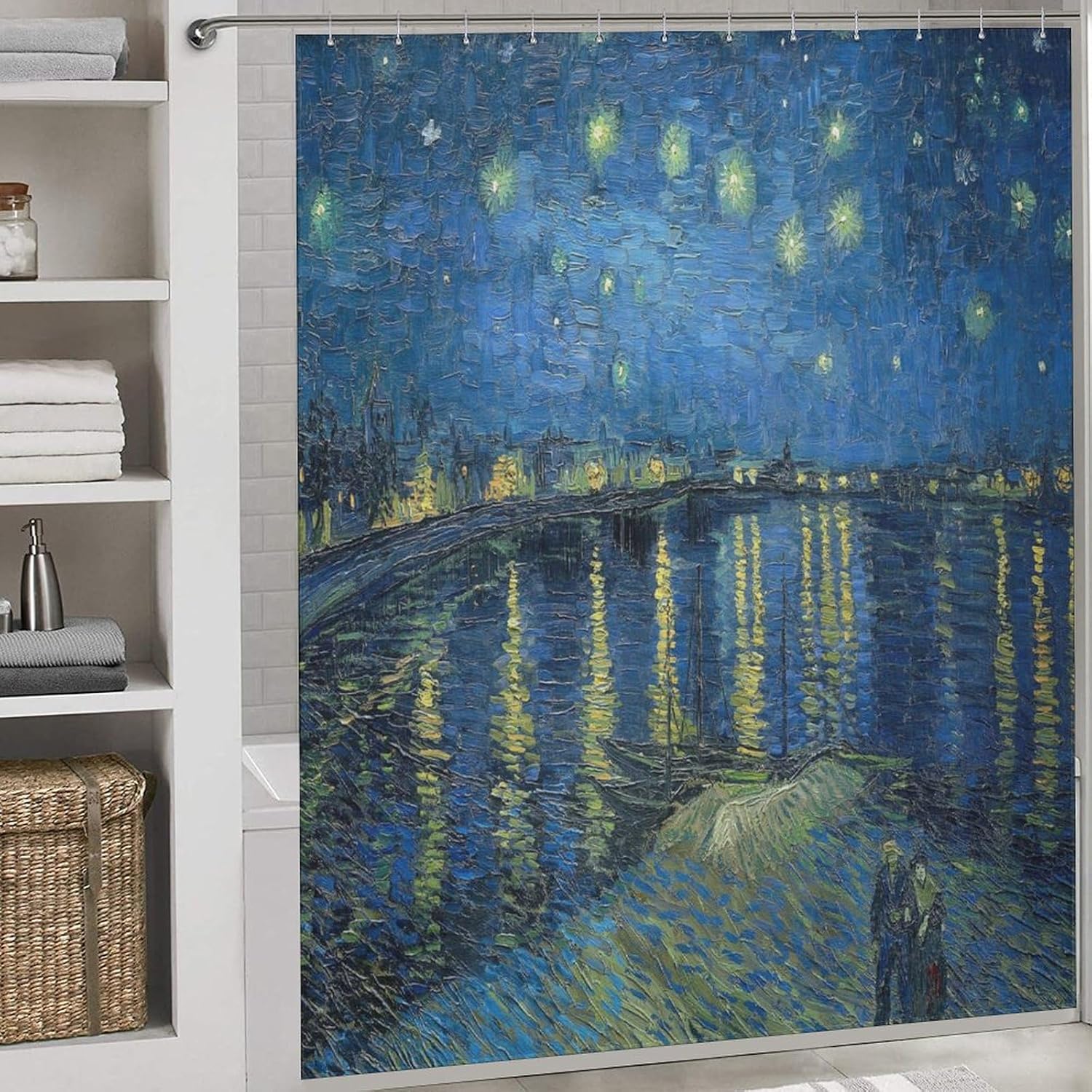 Oil Painting Shower Curtains for Bathroom, Starry Night Over The Rhone Blue Art Abstract Pattern Decor Print Bath Drapes Set with Hooks, Waterproof Fabric Windows Treatment, 72x72in