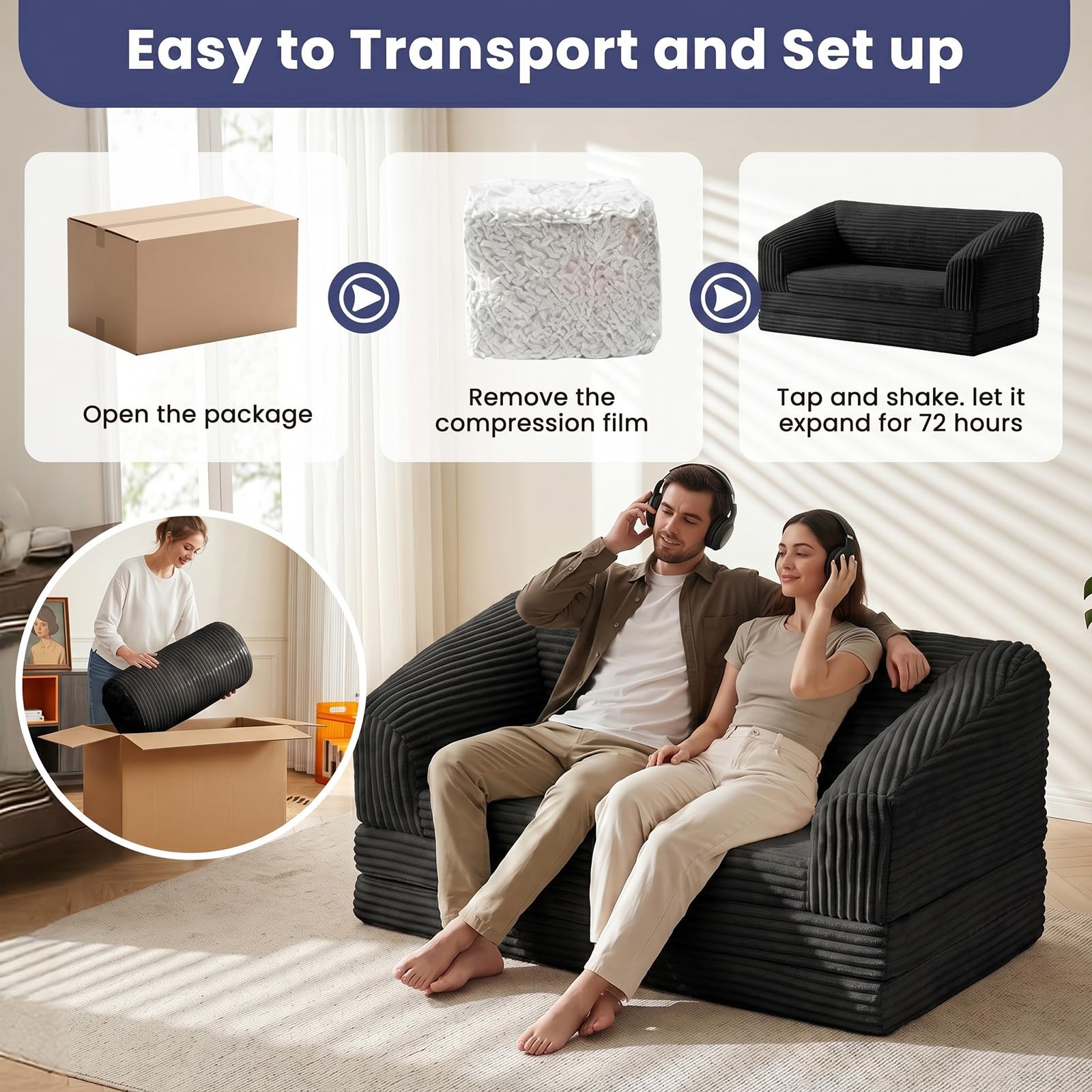 Convertible Sofa Bed, 3-in-1 Foldable Loveseat Couch with Armrest, Corduroy Floor Sofa & Sleeper Bed, No Assembly High-Density Foam Futon Mattress for Living Room, Small Apartment, Dorm