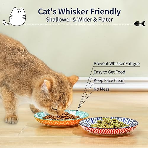 Miniatura 2 de Selamica Cuencos de cerámica para gatos, 6 pulgadas de ancho poco profundos para aliviar la fatiga de los bigotes, juego de 4, colores surtidos