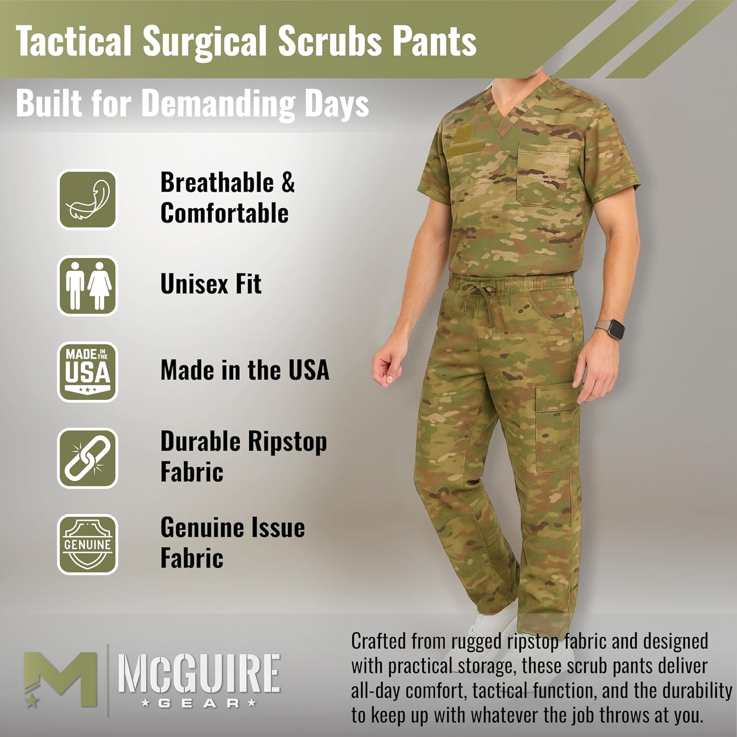 Tactical Surgical Scrub Pants, GI Mil-Spec Nylon/Cotton Ripstop, Cargo Pockets, Elastic Waist Drawstring Ties Made in USA