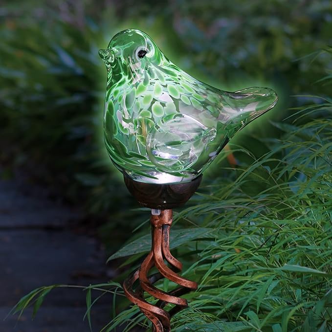 Solar Pearl-Sparkling Glass Yellow/Teal Bird Light Stake