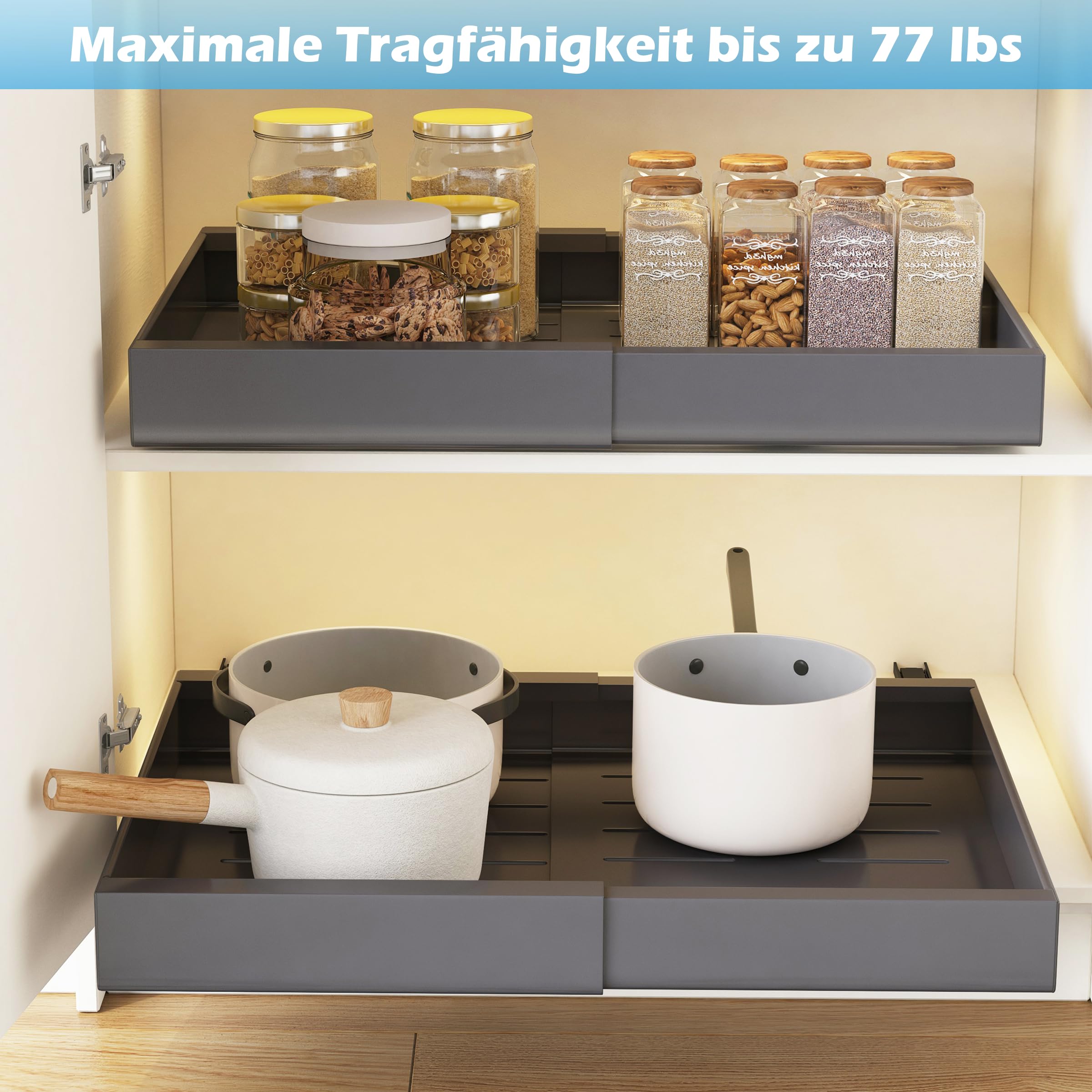 COVAODQ Teleskopschublade,Ausziehbare Schublade Küche,Erweiterbar Ausziehbare Schubladen,Die Breite kann von 31.5 cm auf 52 cm erweitert Werden,1 Stück Grau