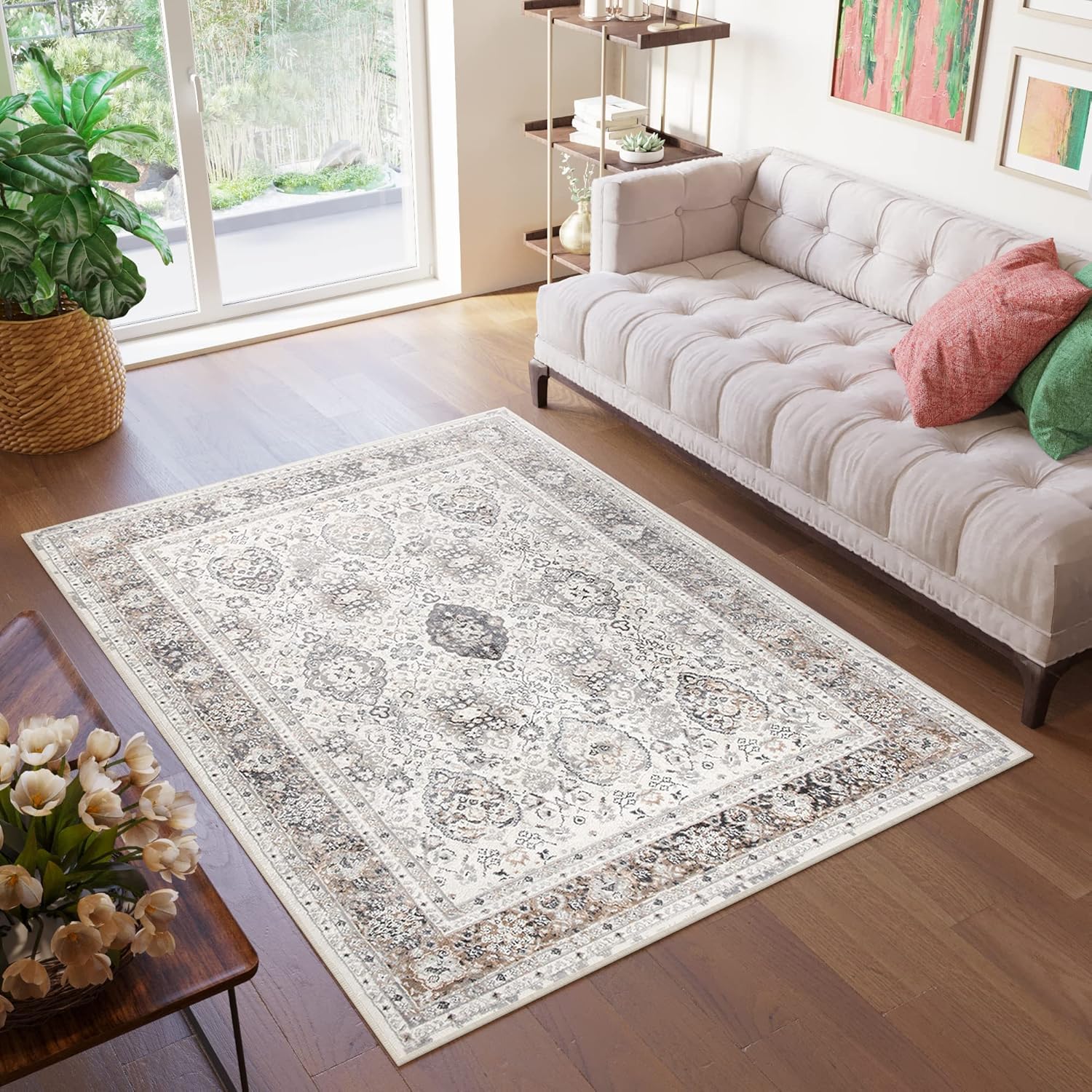 TAPISO Valley Alfombra de Pelo Corto Brillante Suave Diseño Clásico Vintage Tradicional Gris Beige Crema Alfombra de Salón Dormitorio Habitación Oeko-Tex 80 x 150 cm